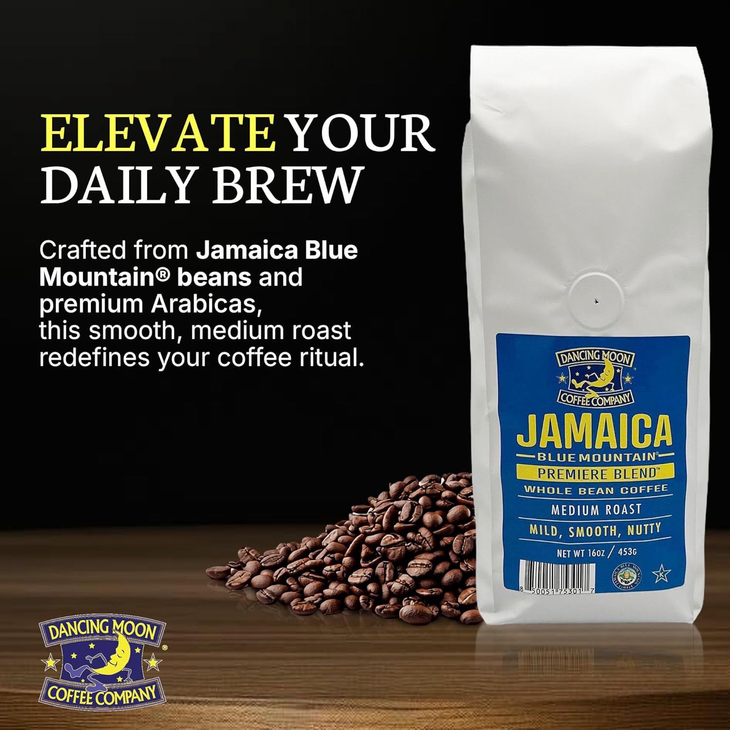Dancing Moon Jamaica Blue Mountain® Premiere Blend, Medium Roast, WHOLE BEAN Coffee