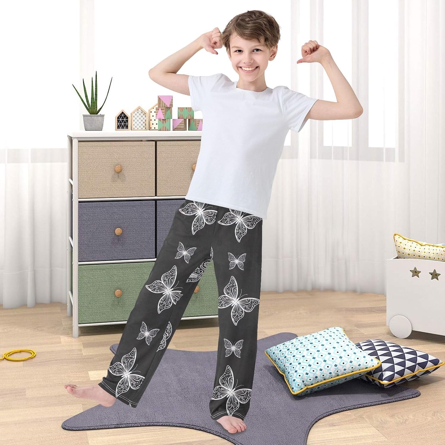 Black White Skull Butterfly Pajama Pants Soft Modal Lounge Sleepwear with Elastic Waist Pockets