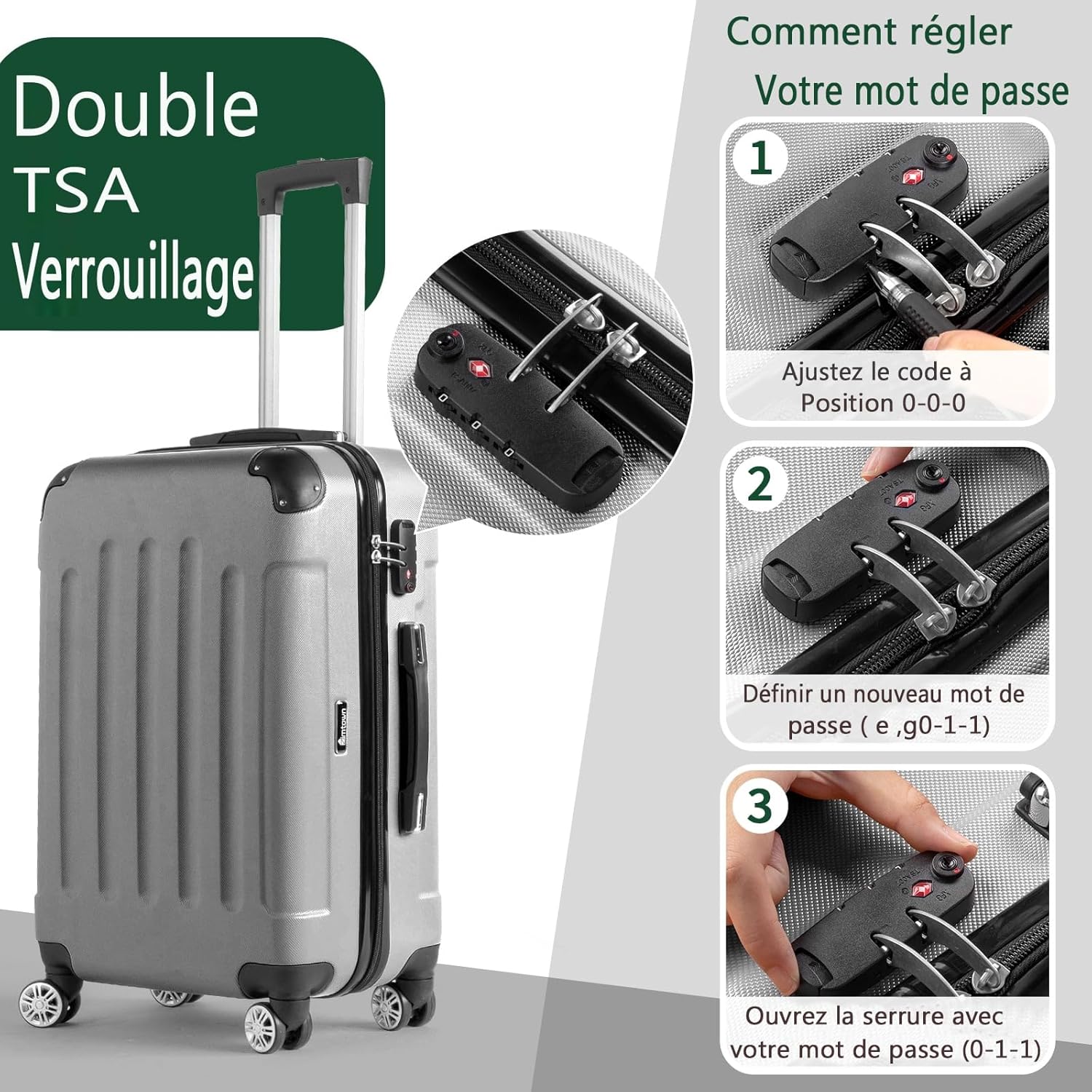 Set of 3 Suitcases, Travel Suitcase, Set of 3 Suitcases, ABS Hard Shell Case, Trolley Suitcase Set, Zipper Lock Included, 360° Rulettes, Telescopic Handle, grey, 20/24/28 pouces valise, Style 1