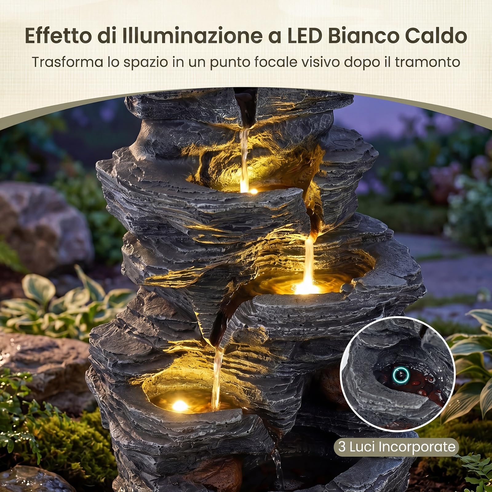 COSTWAY Fontana da Giardino, Fontanella Elettrica da Tavolo con Luci LED | Fontana Cascata in Resina a 5 Livelli con Flusso d'Acqua Regolabile e Pompa, da Interno ed Esterno per Terrazzo e Cortile