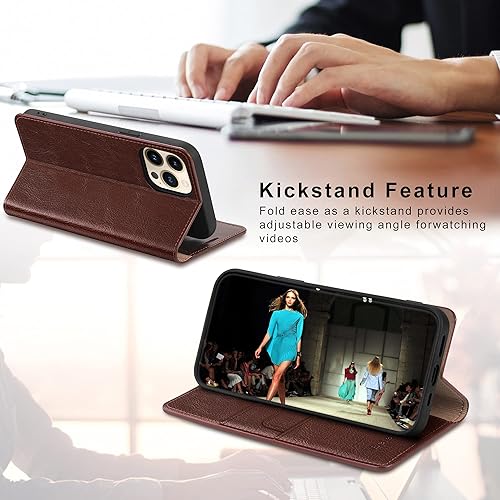 Miniatura 6 de Belemay Funda compatible con iPhone 13 Pro Max, funda protectora de cuero genuino con tarjetero de bloqueo RFID carcasa interior no desmontable