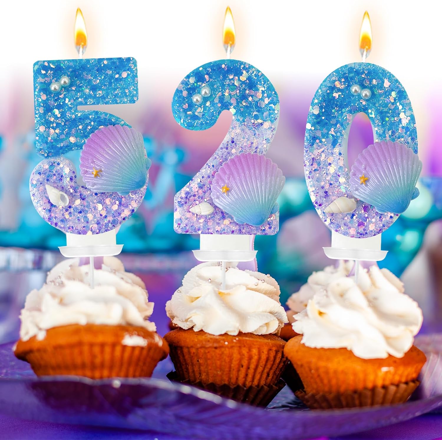 Blue and Purple Birthday Candles, 1th Birthday Cake Decoration, Cupcake Candles，Suitable for Mermaid Theme Party Cake Decoration (1)
