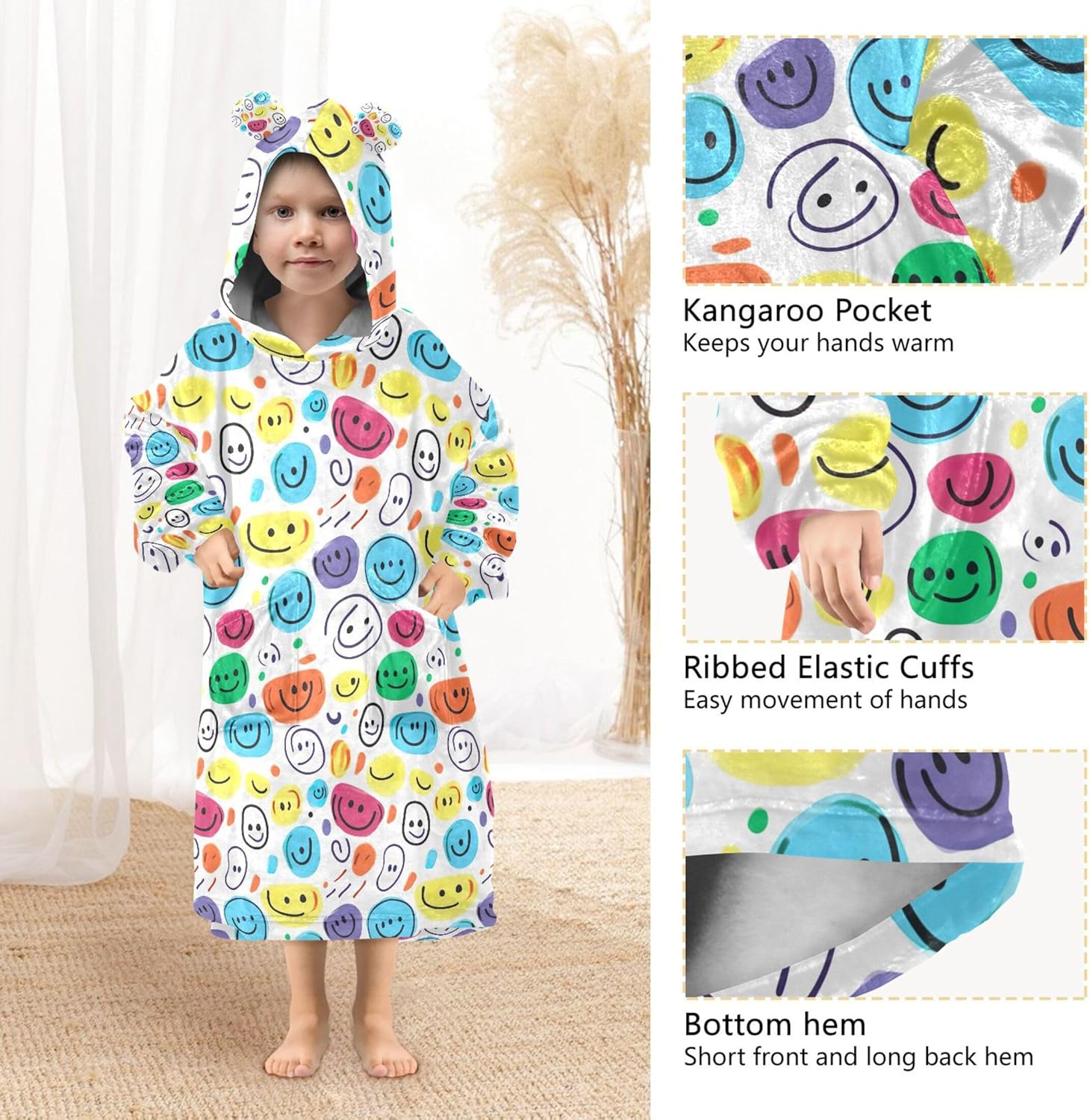 Smiley Face Kids Wearable Blanket Hoodie with Pocket and Sleeves for Toddlers, Cute Hoodies Girls Boys B0403798