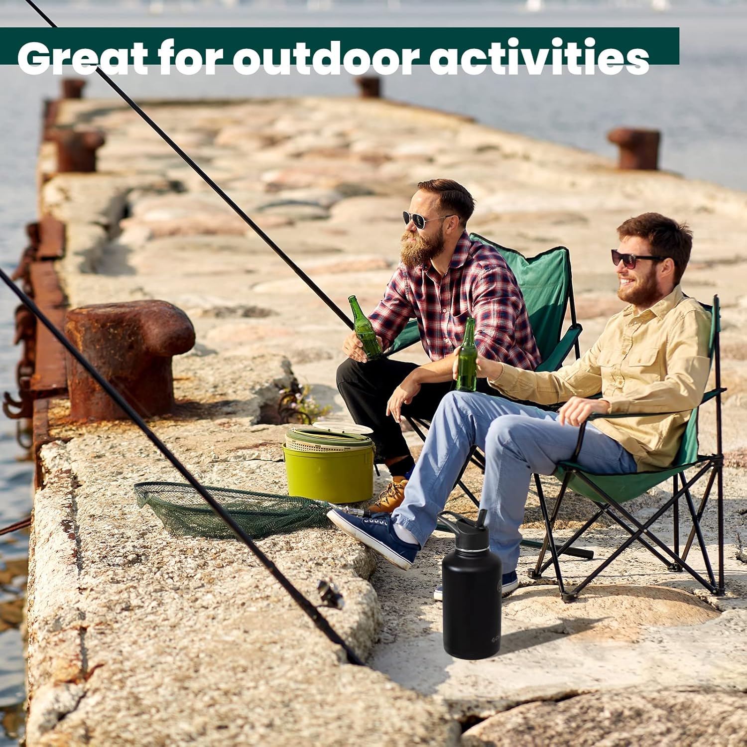 COKTIK 64 oz/Half Gallon Vacuum Insulated Jug, Double Walled Stainless Steel Sports Water Bottle with Reusable 2 Lids for Camping, Gym, Fitness or Office(Black)