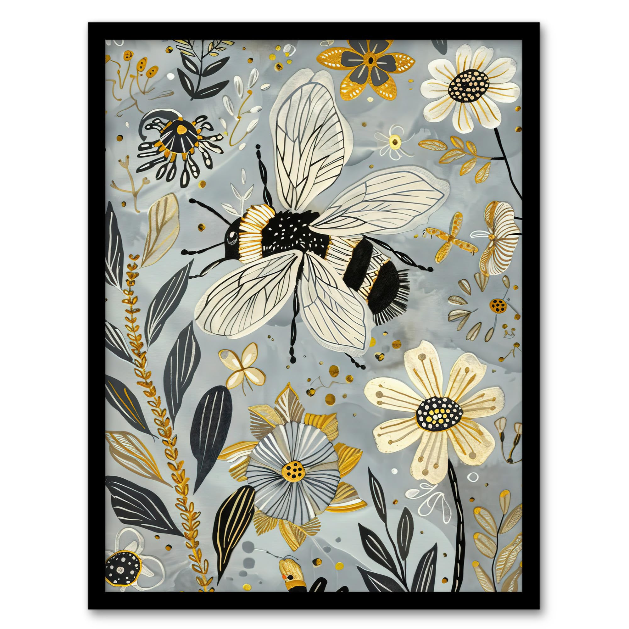 Artery8 Spring Flower Honey Bee Rustic Floral Design Framed Art Print - Blue - A4