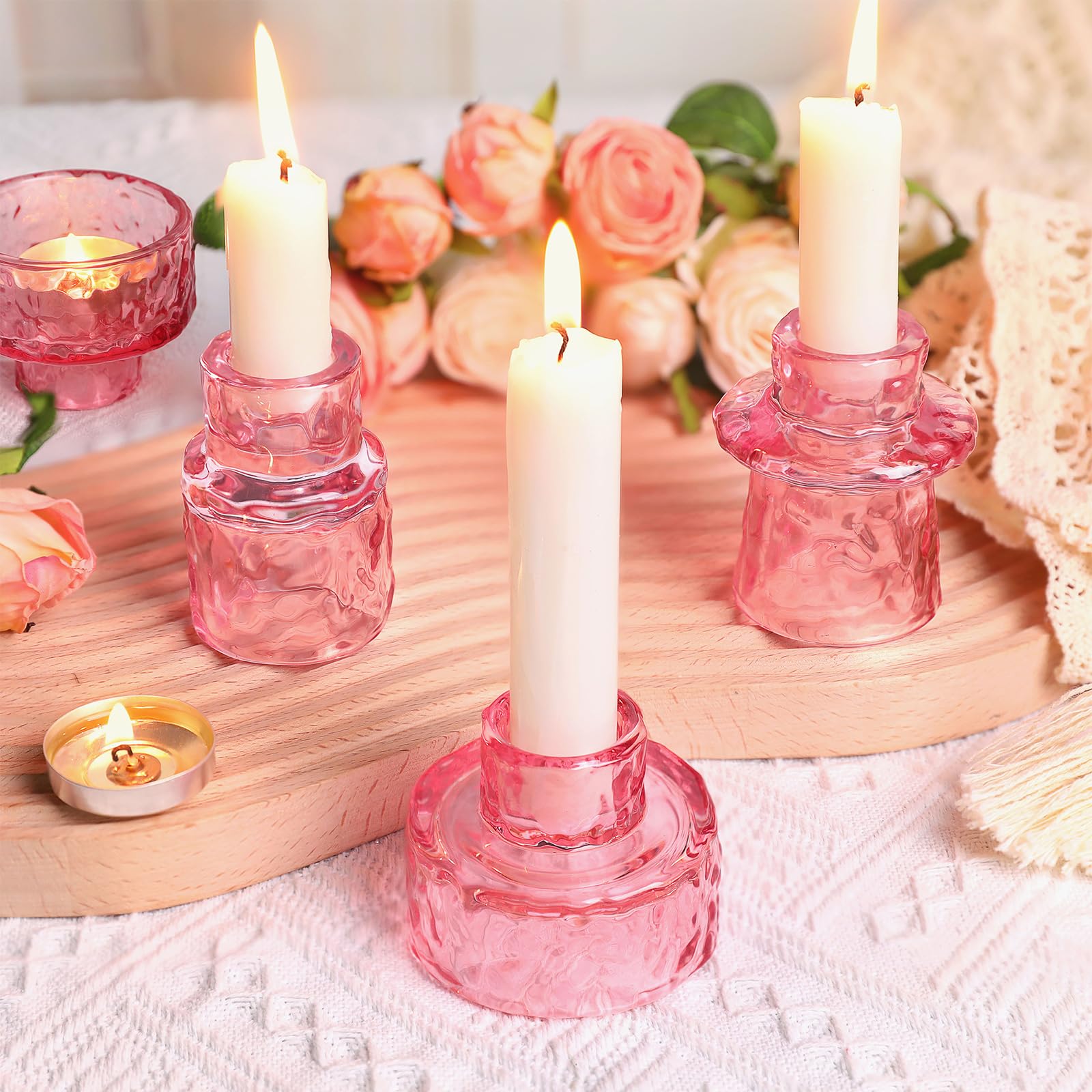 6 candelabros, portavelas cónicos rosados, portavelas de cristal para centros de mesa de boda, cena, fiesta, decoración de mesa