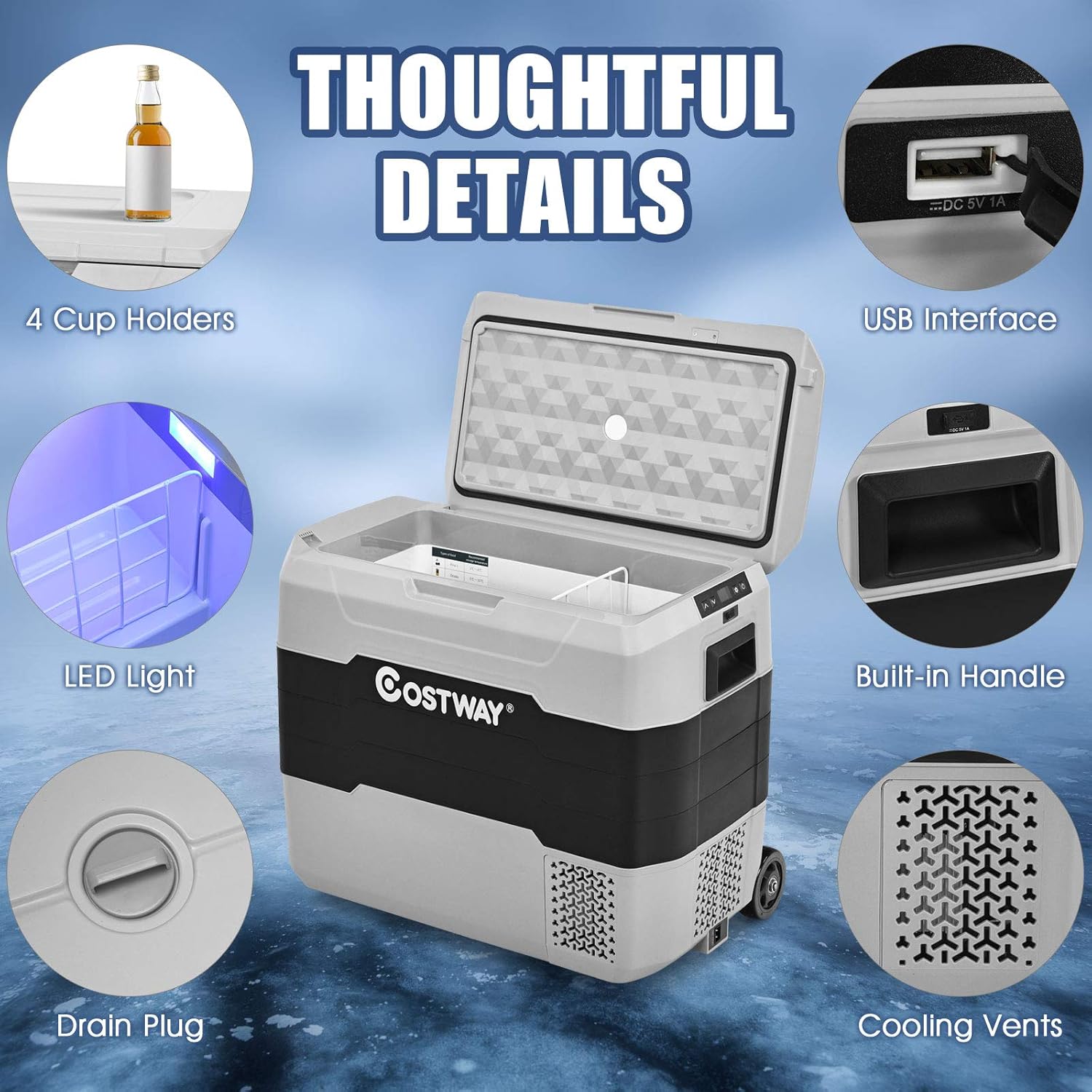 Refrigerador para automóvil COSTWAY que muestra detalles bien pensados, como portavasos, interfaz USB, luz LED, tapón de drenaje y rejillas de ventilación.