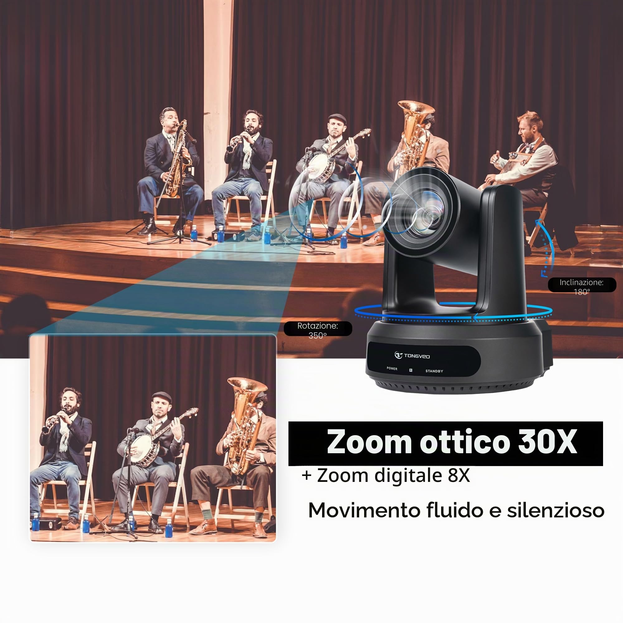 TONGVEO Telecamera IP PTZ AI Auto-Tracking SDI/HDMI/USB3.0/LAN PoE 30X Optical + Zoom digitale 16X 1080P 60fps per Live Streaming Chiesa Servizi Istruzione Videoconferenza con OBS vMix e altro