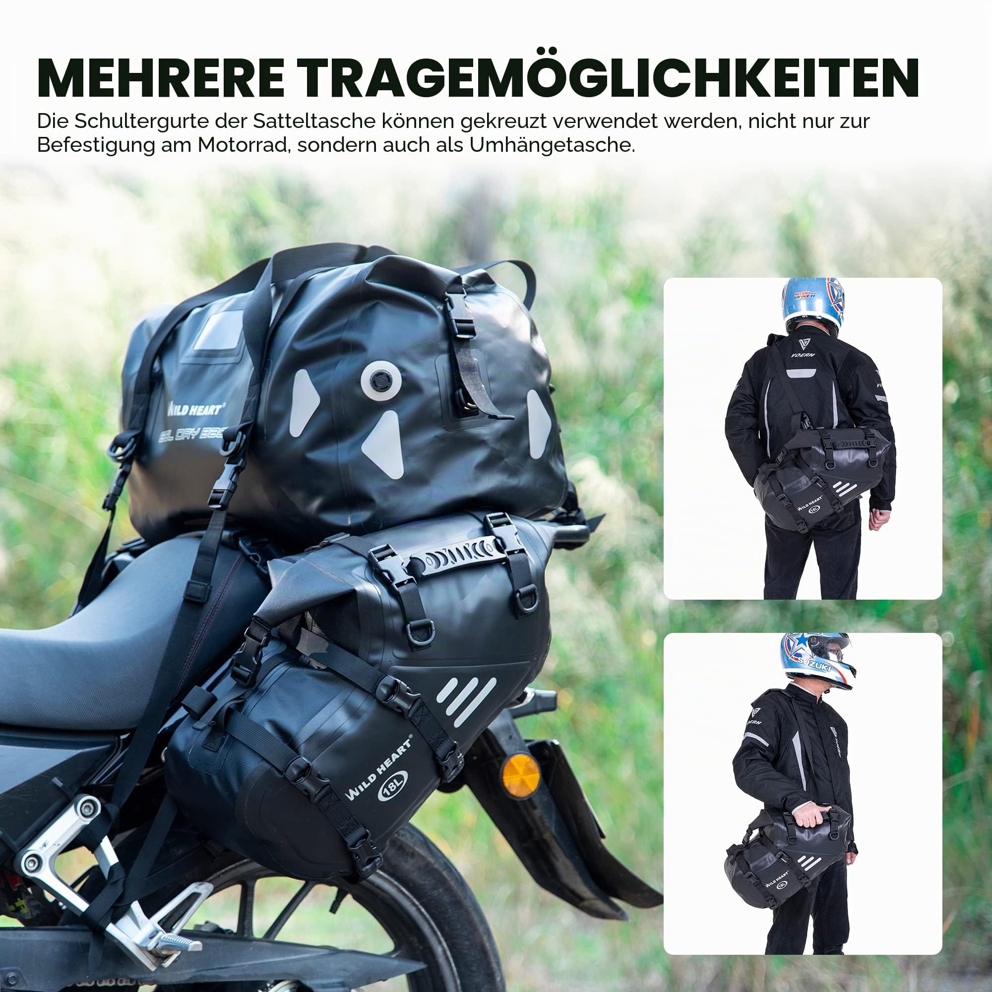 WILD HEART Motorrad Satteltaschen Wasserdicht (18L*2) Seitentasche Kompatibel mit den meisten Motorradträgern, Abenteuer、Straße、Sport(EIN Paar) (Schwarz)