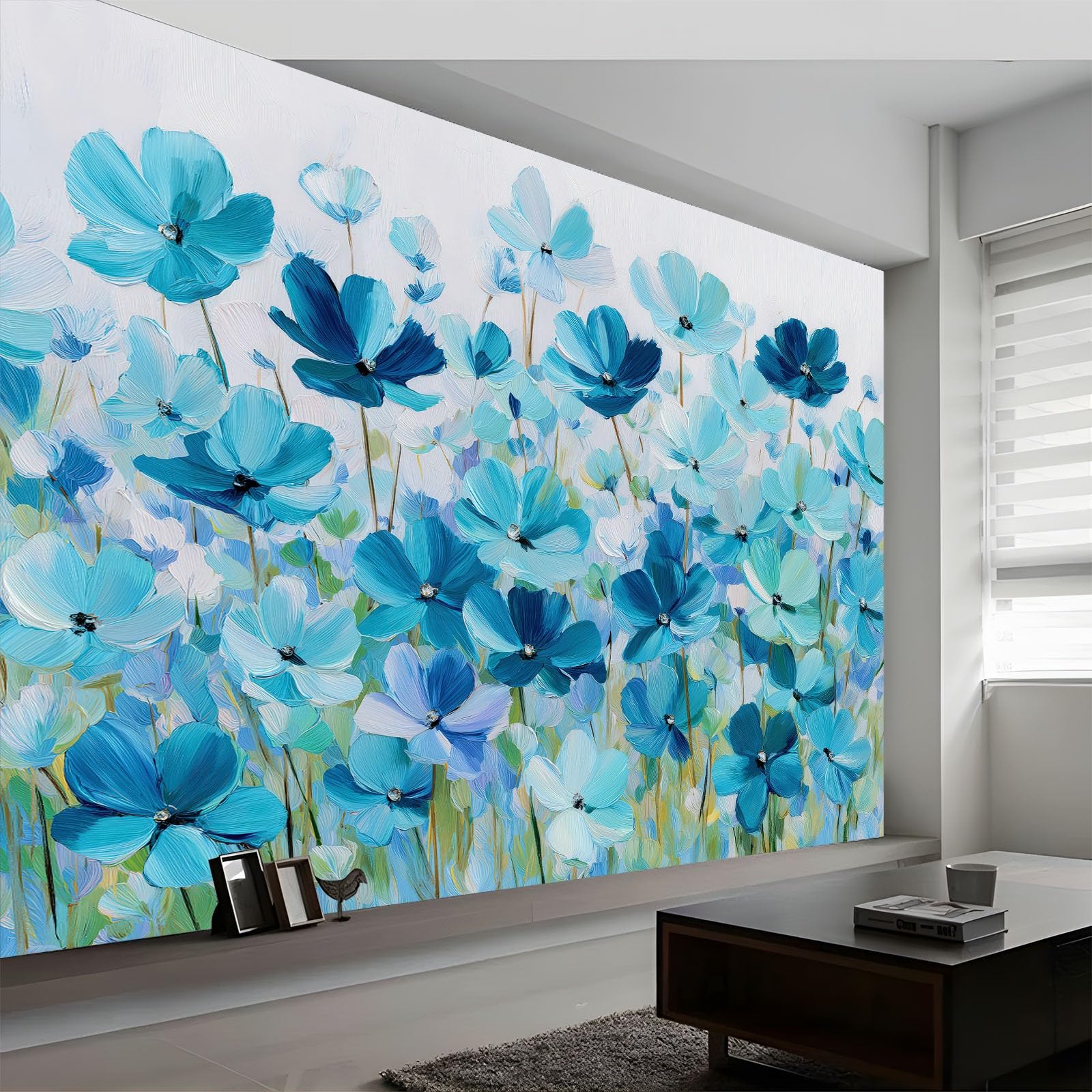 Panoramiczna tapeta 3D obraz olejny niebieska roślina kwiaty liście, tapeta francuska wiejska tapeta do salonu sypialni pokoju dziecięcego - fotografia ścienna 300 l x 210 cm