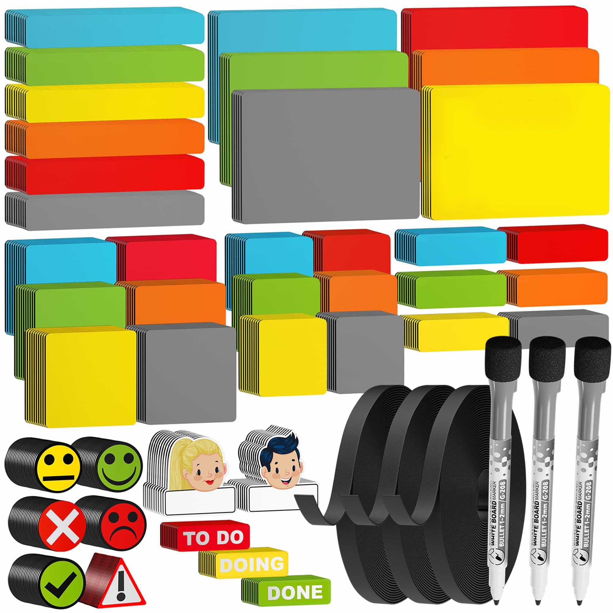 741 Tiras Magnéticas Reescribibles - Set 5 Tamaños Diferentes | 6 Colores - Accesorios Scrum & Kanban - Imán Reescribible - Para Pizarras Magnéticas, Neveras