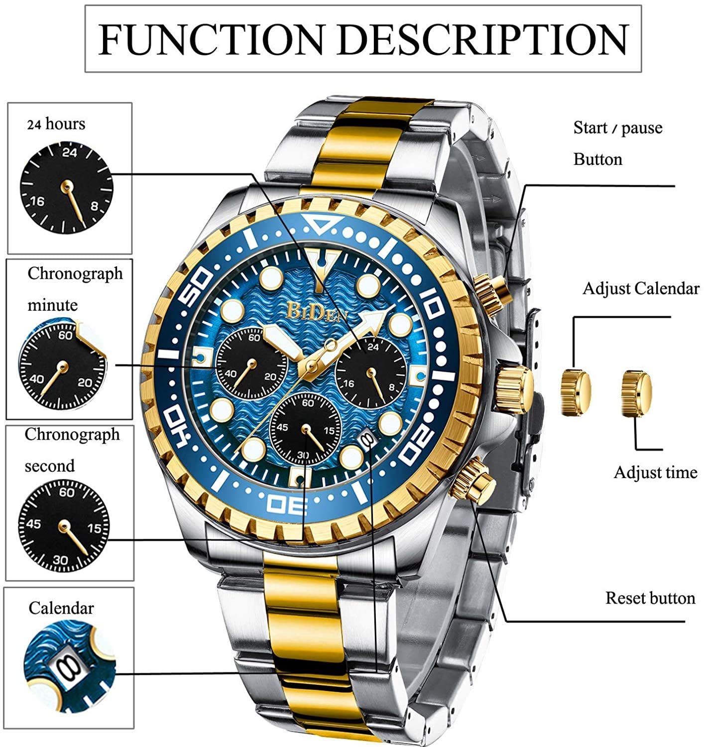 MASTOP Reloj para hombre con cronógrafo, resistente al agua, de acero inoxidable, con fecha de negocios, analógico, de cuarzo, para hombre