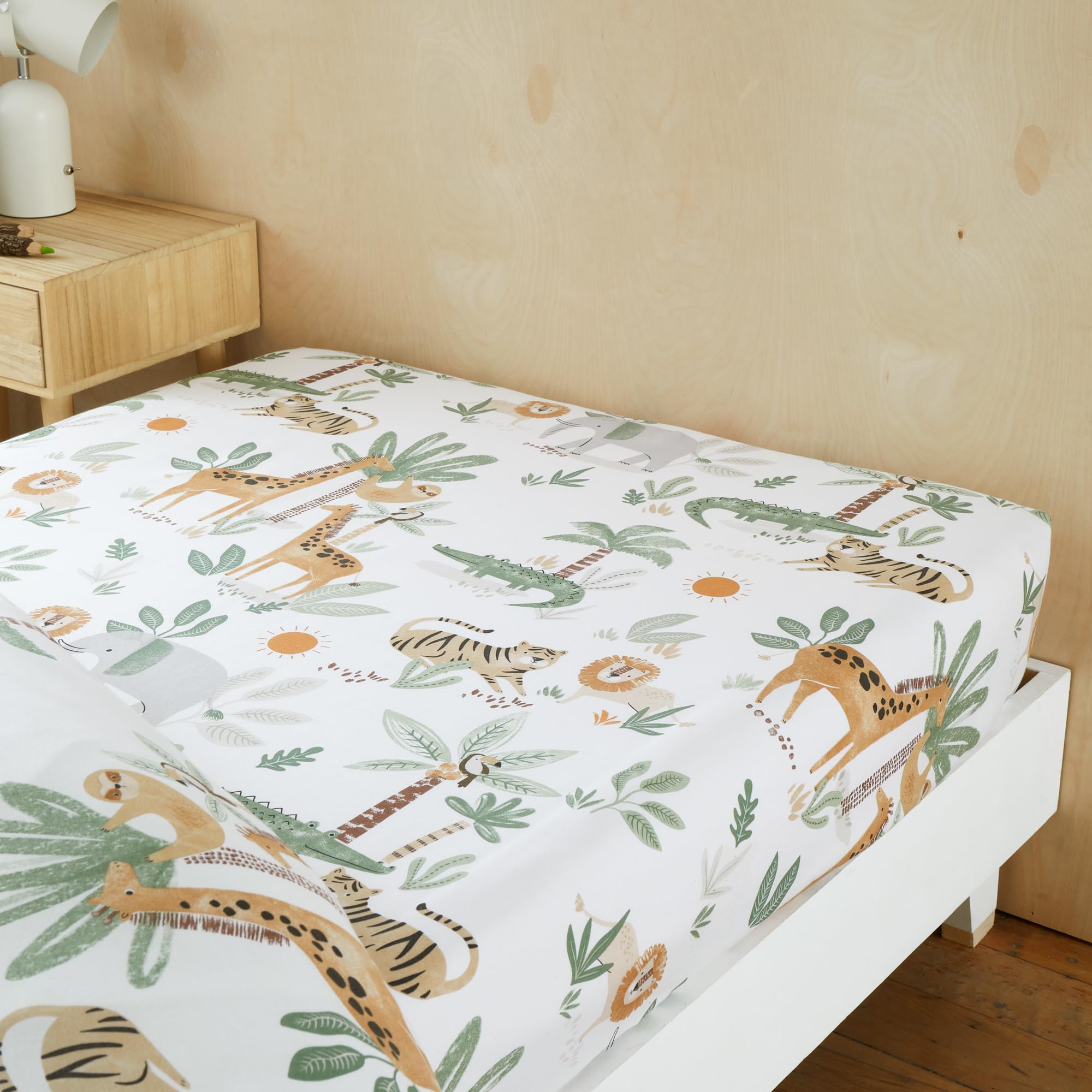 Happy Linen Company Girls Ivory Boys Kids Jungle Safari Animals Single Fitted Sheet Bedsheet Bedding Bed Linen