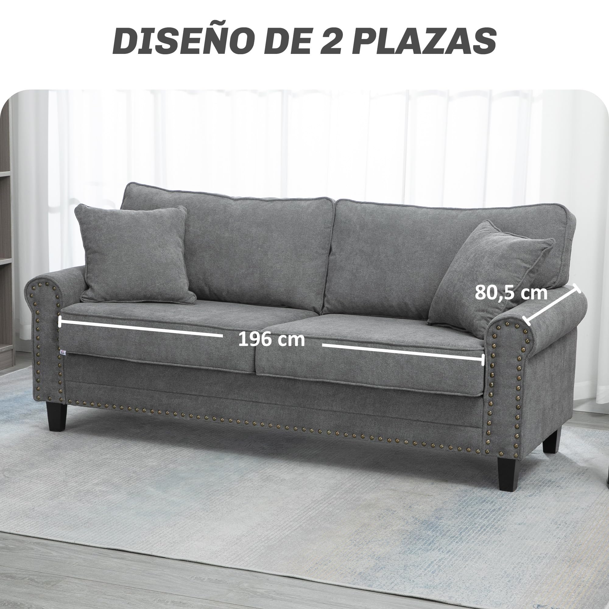 HOMCOM Sofá de 3 Plazas Sofá de Salón Estilo Moderno 196x80,5x89 cm Gris | Tapizado en Poliéster, con 2 Cojines, Ribete de Cabeza de Clavo, Patas de Madera de Caucho