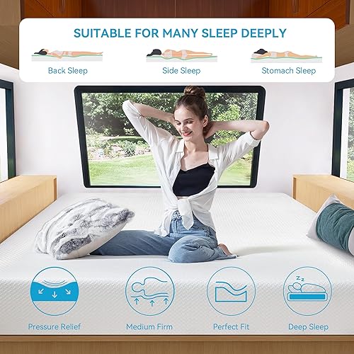 Miniatura 6 de Opoiar Colchón corto Queen de 10 pulgadas, colchón de espuma viscoelástica de té verde gel para caravanas, cámpers y remolques, cama en una caja,