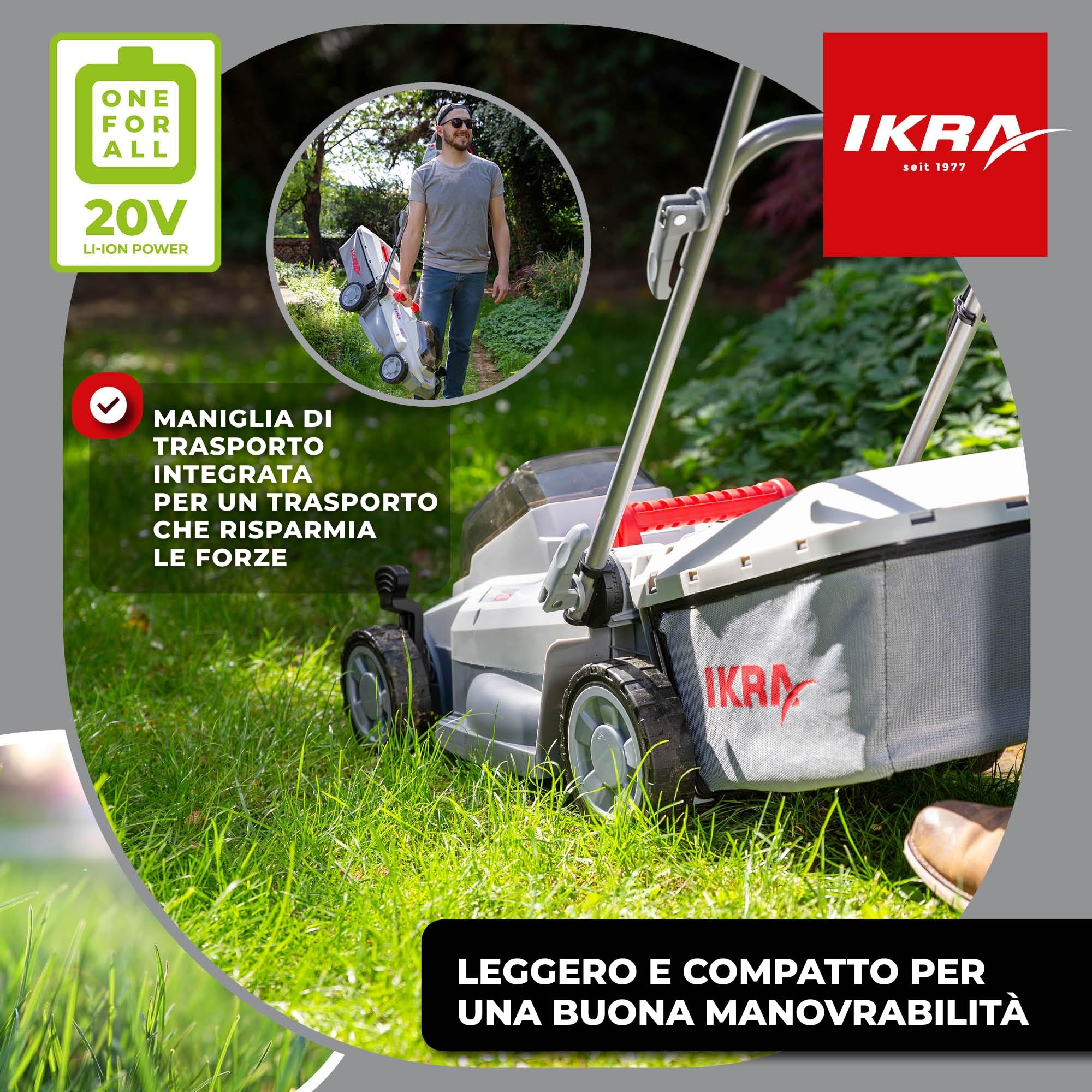 IKRA tosaerba ICM 2033, 33 cm, con 2 batterie da 20 V e caricabatterie | Altezza di taglio 25-75 mm, tosaerba mulching per prati fino a 150 m², sacco di raccolta da 30 l, batteria 20 V di IKRA