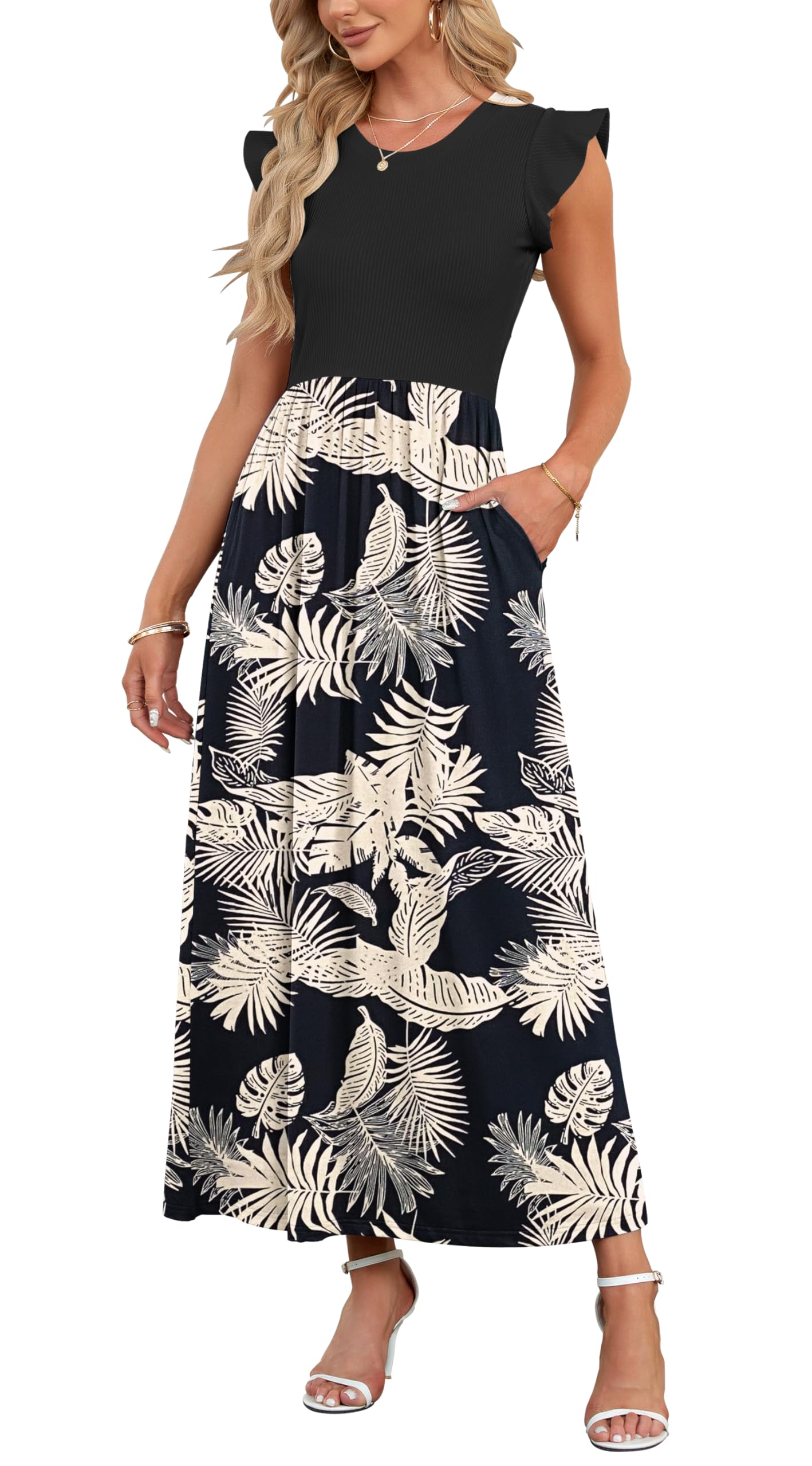 AUSELILY Damen Sommer Rundhalsausschnitt Maxi Kleid mit Taschen Kurzarm und Rüschen Lässiges Hohe Taille Langes Lockeres Bodenlanger Rock