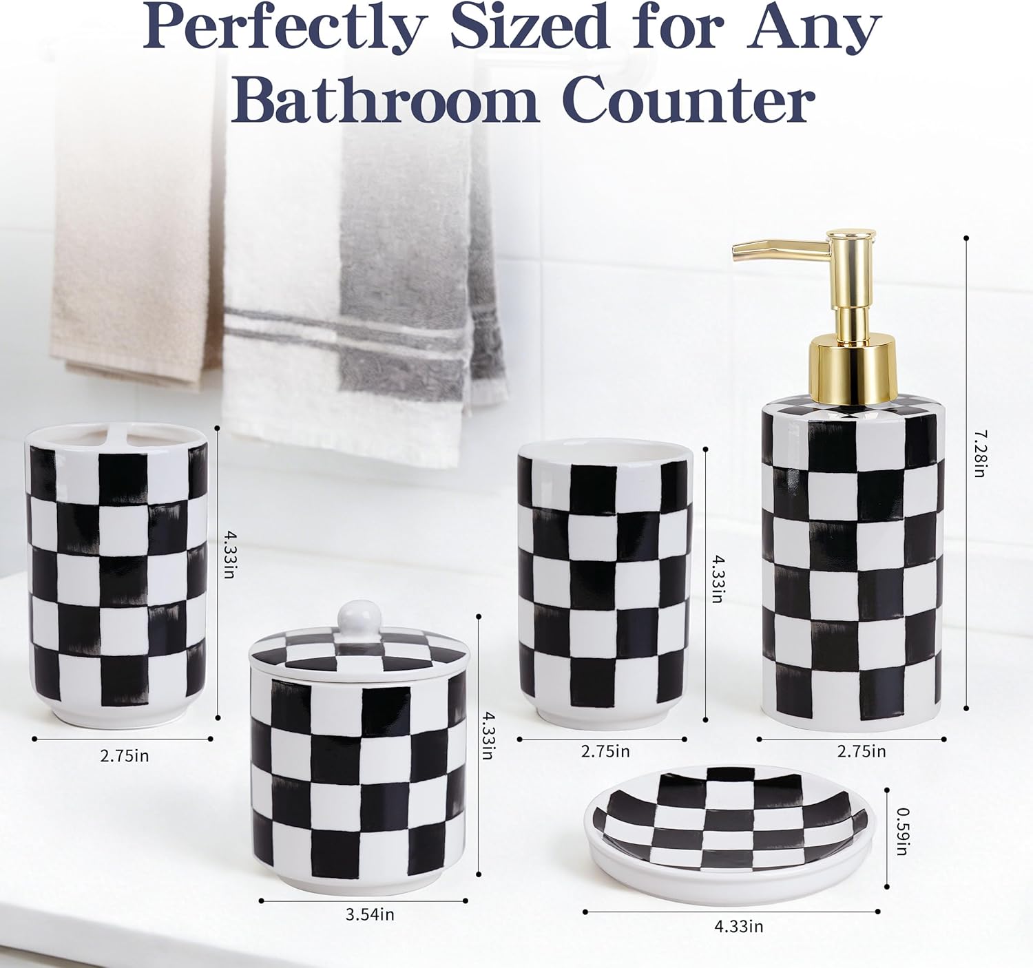 Ceramic Bathroom Soap Dispenser Set, Black and White Checkered Bathroom Vanity Set with Lotion Pump, Toothbrush Holder, Soap Dish & Storage Jar, Modern Bathroom Sink Accessories