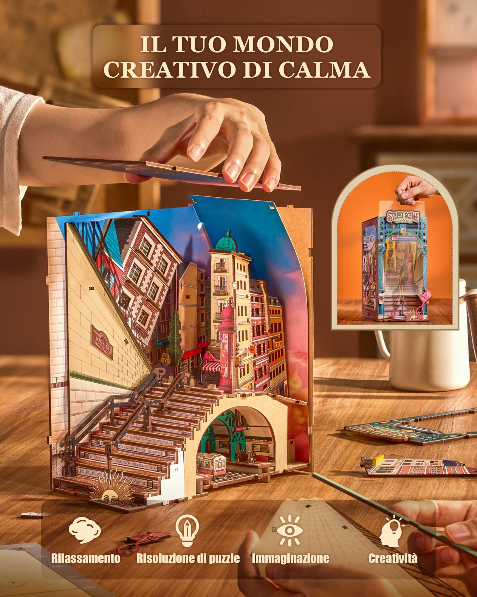 Rolife Book Nook Street Scene, Kit Casa Miniatura DIY con Luci, Booknook per Adulti da Costruire, Supporto per Libri in Legno 3D da Collezione & Decorazione per Libreria, Regali di Compleanno e Natale