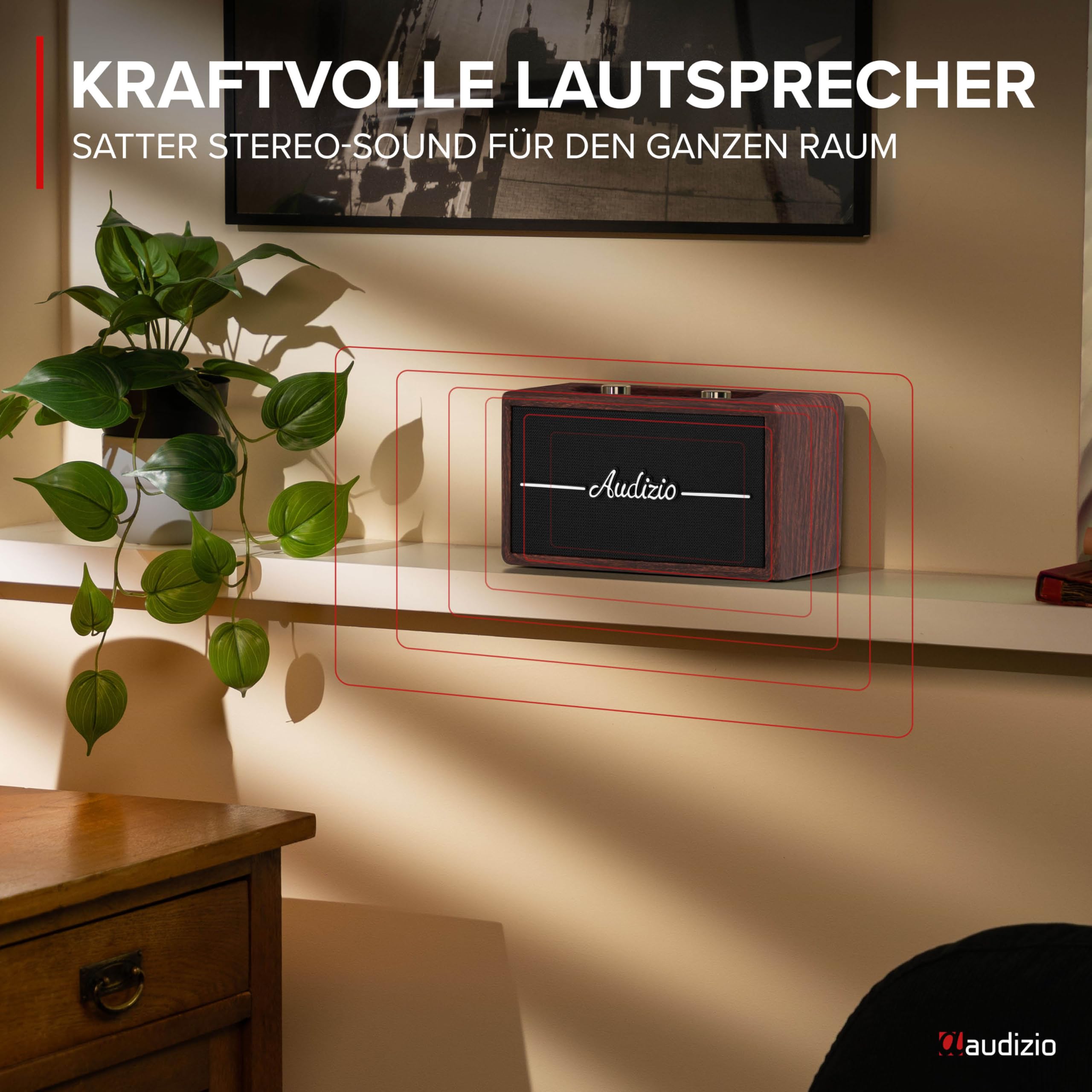 Audizio Tune60 - DAB Radio mit Bluetooth Lautsprecher, Fernbedienung, FM, 40 Watt, Batterie- Netzbetrieb, LCD, 20 Speicherplätze, USB/TF, AUX, Wecker, Leder Vintage DAB+ Radio - Dunkelbraun