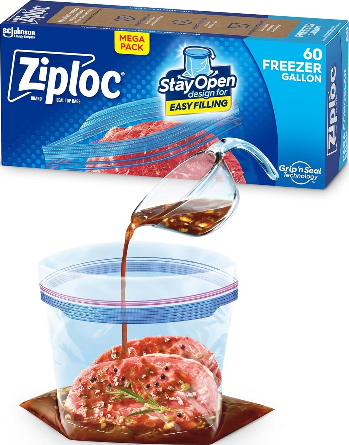 Ziploc Gallon Food Storage Freezer Bags, Stay Open Design with Stand-Up Bottom, Easy to Fill, 60 Count