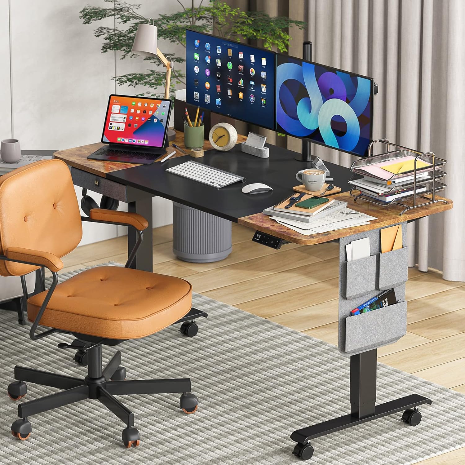 MAIDeSITe Standing Desk, Adjustable Height Electric Stand UP Desk with Drawers, Storage Bag, Cable Management Tray, Ergonomic Computer Desk for Home Office, 55 x 28 Inches, Rustic Brown+Black Top