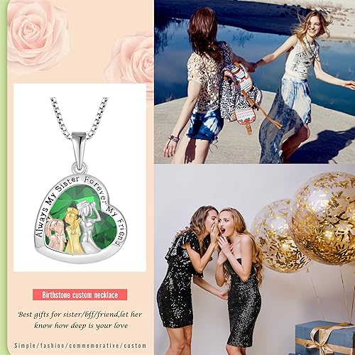 Miniatura 4 de Collar de 3 hermanas de plata de ley 925, collar con piedra natal de corazón de amor Always My Sister Forever Gifts My Friend for Sister Jewelry