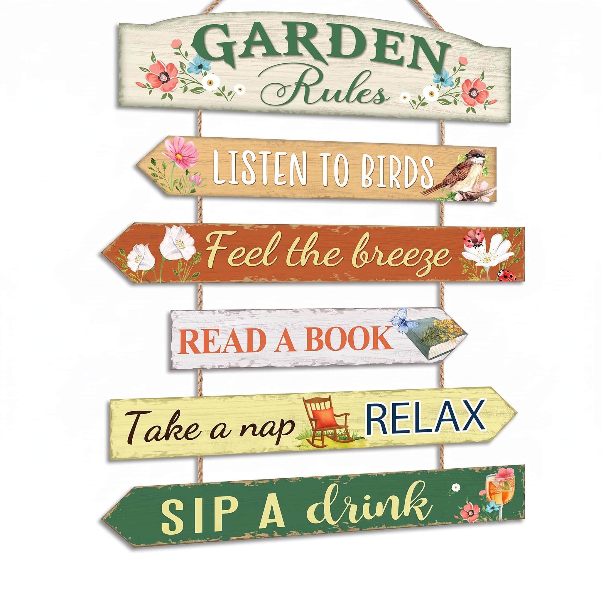 Garden Rules Wall Sign Wooden Plaque with Relaxing Quotes Feel The Breeze Rustic Outdoor Yard Decor Hanging Farmhouse Art Presents for Gardeners Women Men Patio Fence Porch (colour mixture)