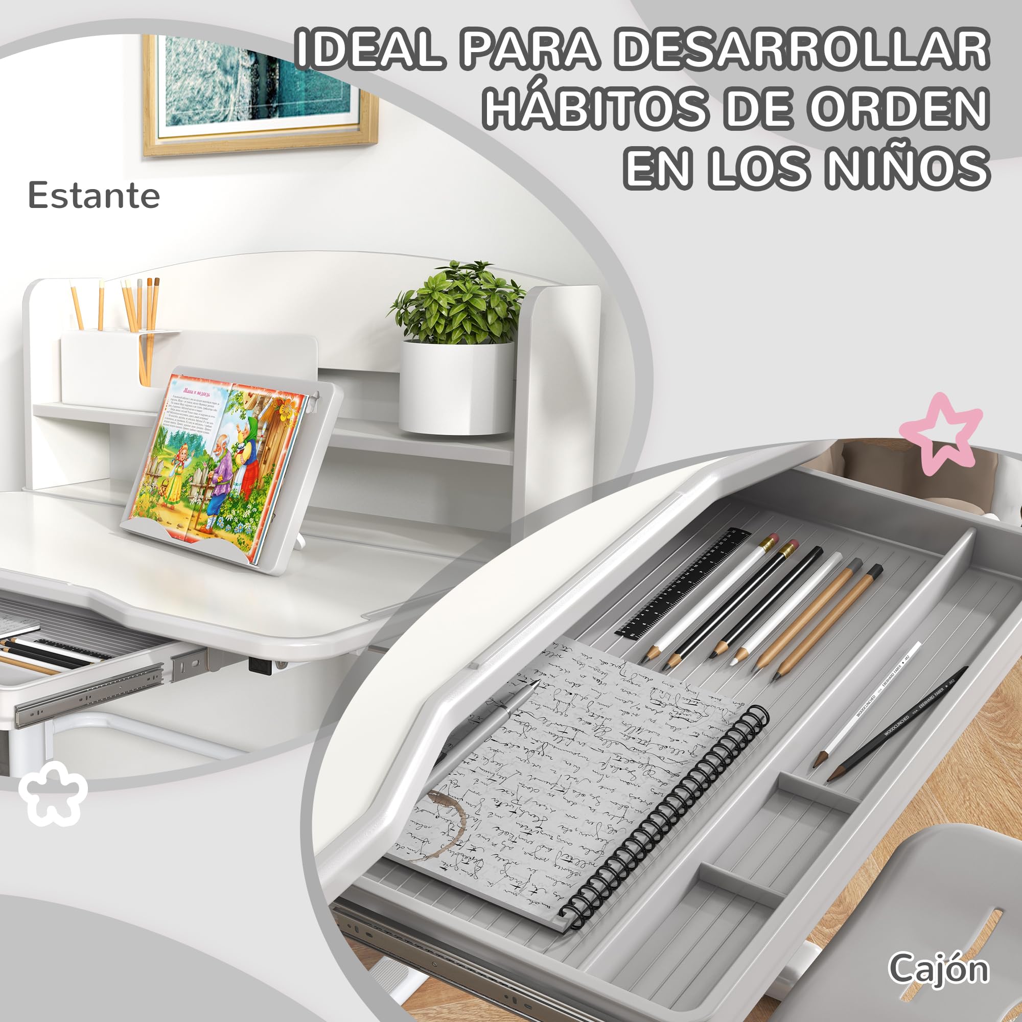 ZONEKIZ Juego de Escritorio y Silla para Niños de 6-12 Años Pupitre Infantil Altura Ajustable con 1 Cajón 1 Estante para Libros y Ángulo de Mesa Ajustable 80x54,5x82-104 cm Gris y Blanco