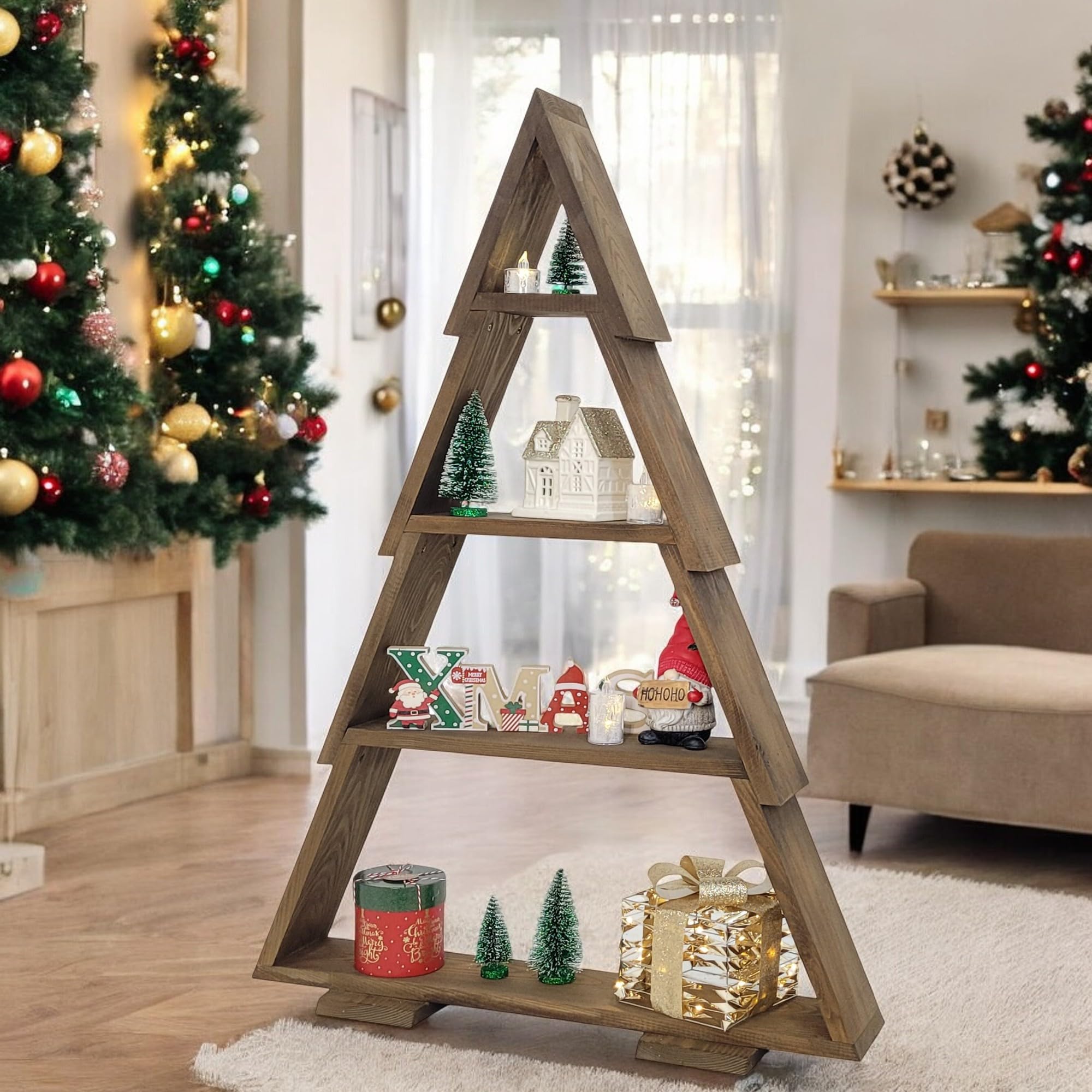 Weeco Árbol de Navidad de Madera XXL 110 x 67 cm Con 4 Estantes para Adornos - Decoración Hecha a Mano por Fuera y por Dentro - Figura Marrón Oscuro Wengué