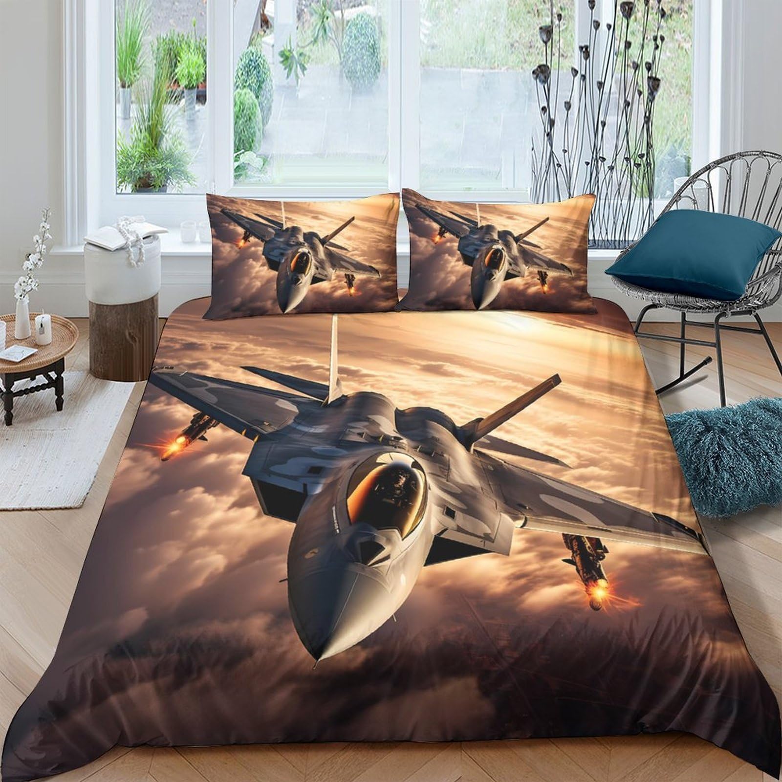 Ctjqhvkz Style-7 3D Printed Fighter Jet Fitted Sheet Microfiber Soft Breathable Sunset Sky Bed Cover For Bedroom Guest Room Decor Single（135X200cm）
