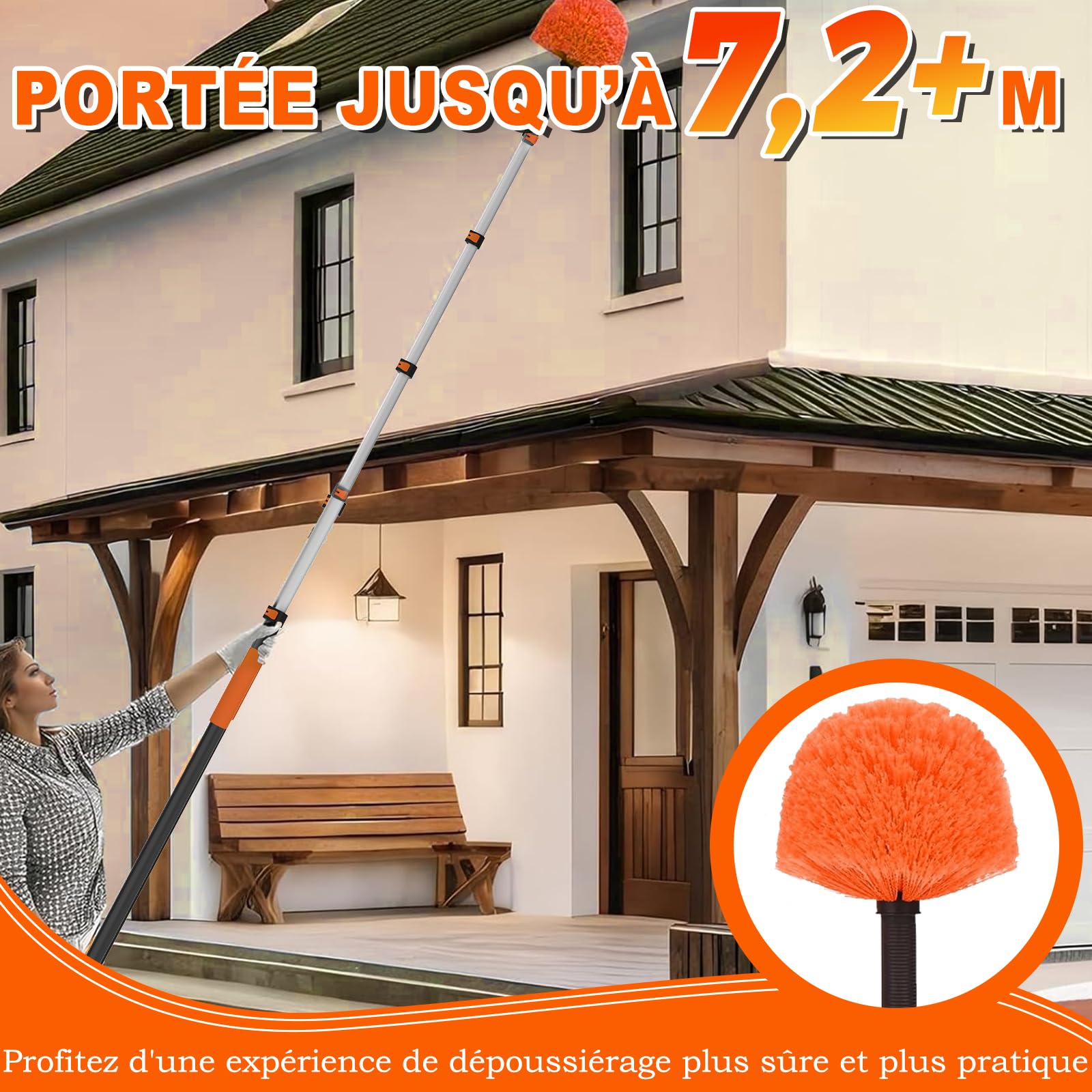 SISUPASSIE Plumeau Télescopique 7,2m, Tête de Loup avec Perche Télescopique, Plumeau Poussière pour Le Nettoyage des Plafonds, des Fentes et des Meubles