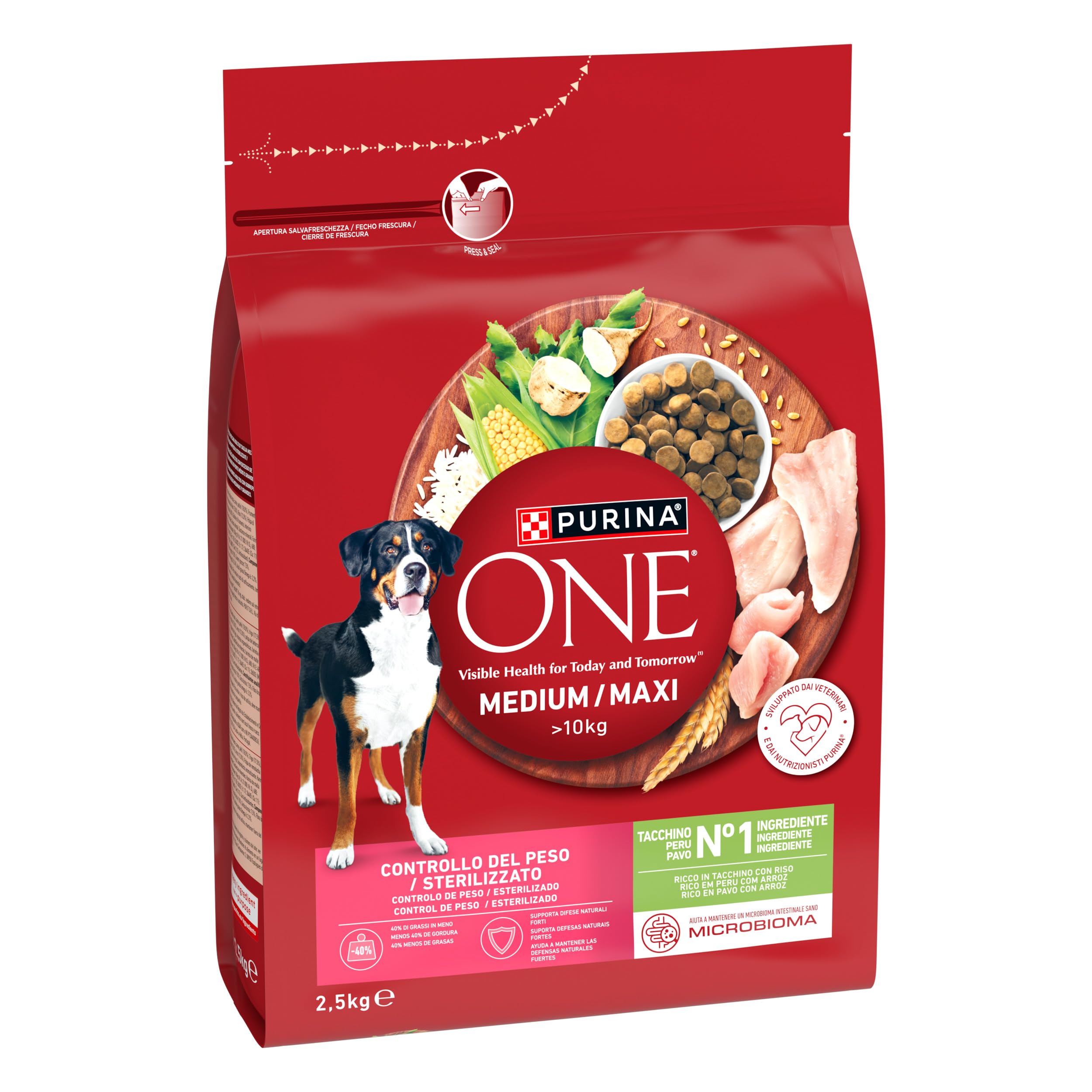 PURINA ONE Medium Maxi Controllo del peso Crocchette per Cani Adulti Sterilizzati con Tacchino 4 Sacchi da 2.5kg