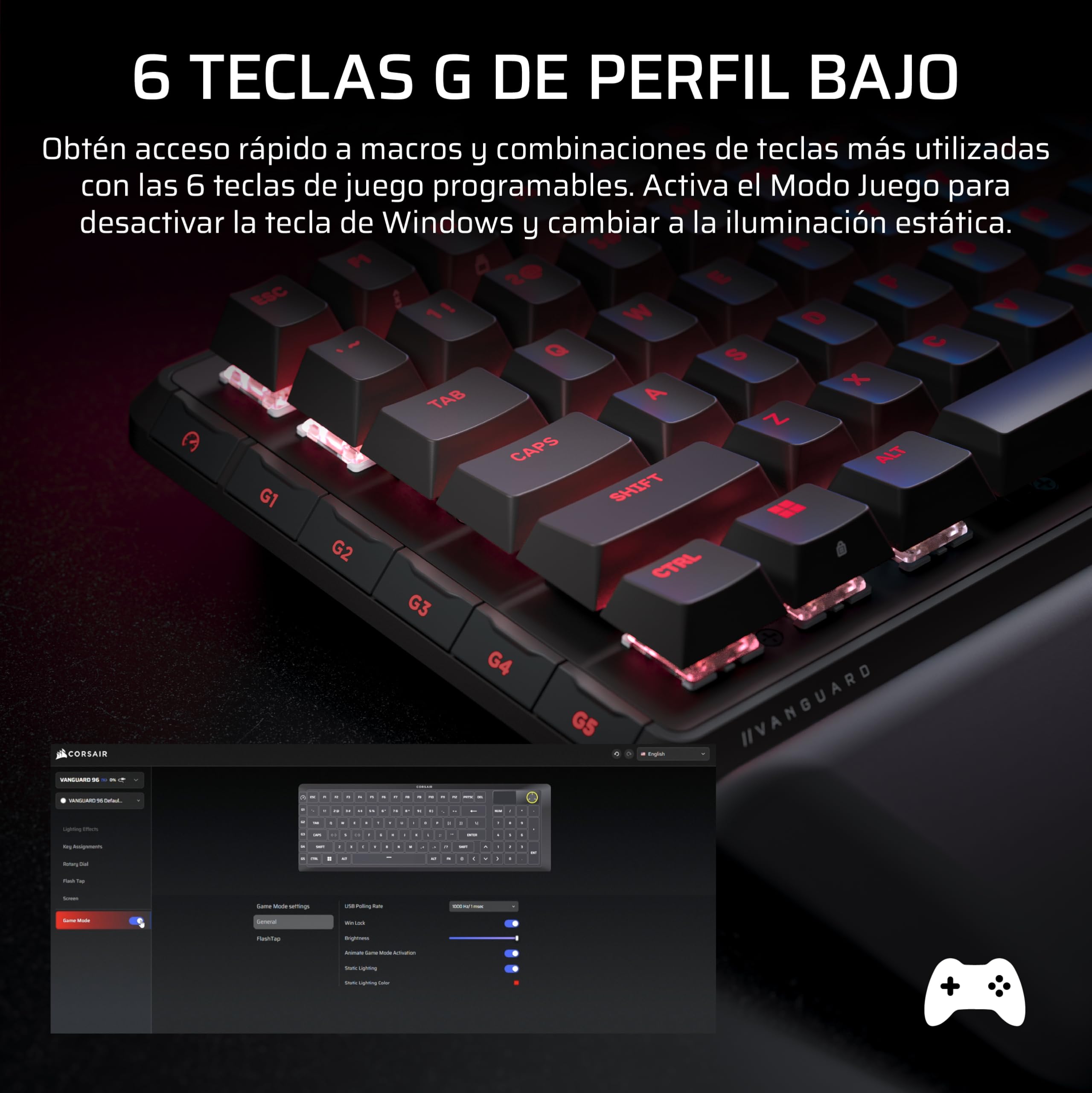 Corsair Vanguard 96 Teclado Mecánico con Cable para Juegos– Negro | QWERTY ES, Formato 96%, Interruptor Lineal de Plasma MLX, 8000Hz, Pantalla LCD, Virtual Stream Deck, Botones G, Flashtap SOCD