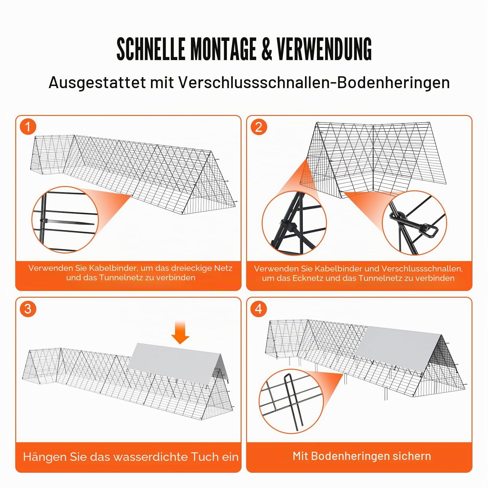 VEVOR Hühnertunnel, 400 x 100 x 61,5 cm (L x B x H) Hühnerkäfig für den Hof, tragbare Hühnertunnel für draußen mit Eckrahmen, Hühnerstall-Auslauf, geeignet für Hühner, Enten, Kaninchen