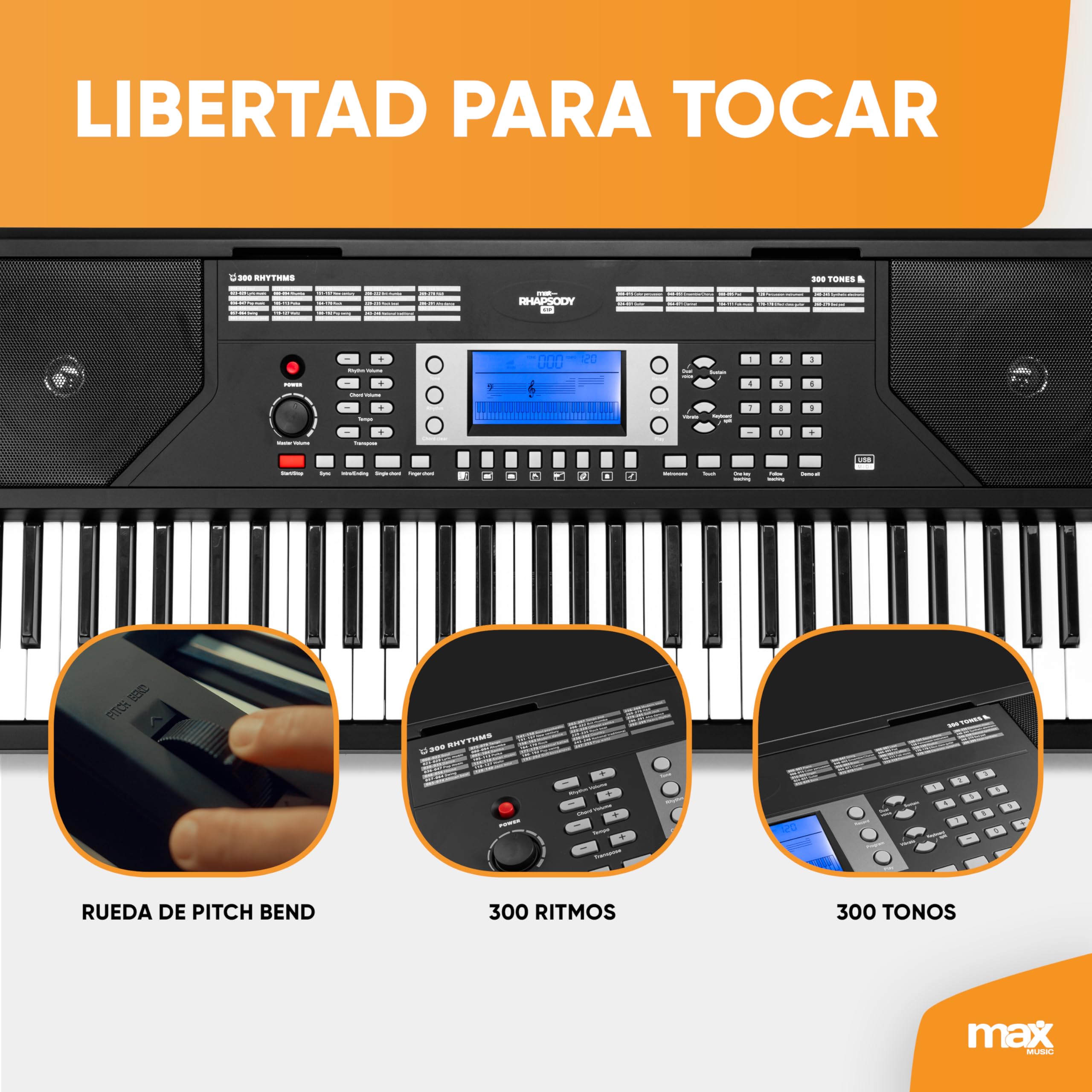 MAX Rhapsody61P - Teclado Piano eléctrico de 61 teclas sensibles, función de aprendizaje, altavoces, pantalla, 50 canciones de demo, para principiantes y profesionales, 300 sonidos, 8 percusiones