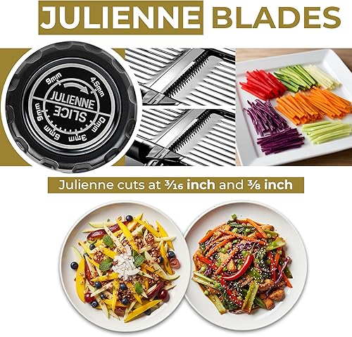 Vista 3 de Gramercy Kitchen Co Mandolina regulable de acero inoxidable. Rebanador de alimentos. Incluye un para de guantes resistentes a los cortes. Rebanador