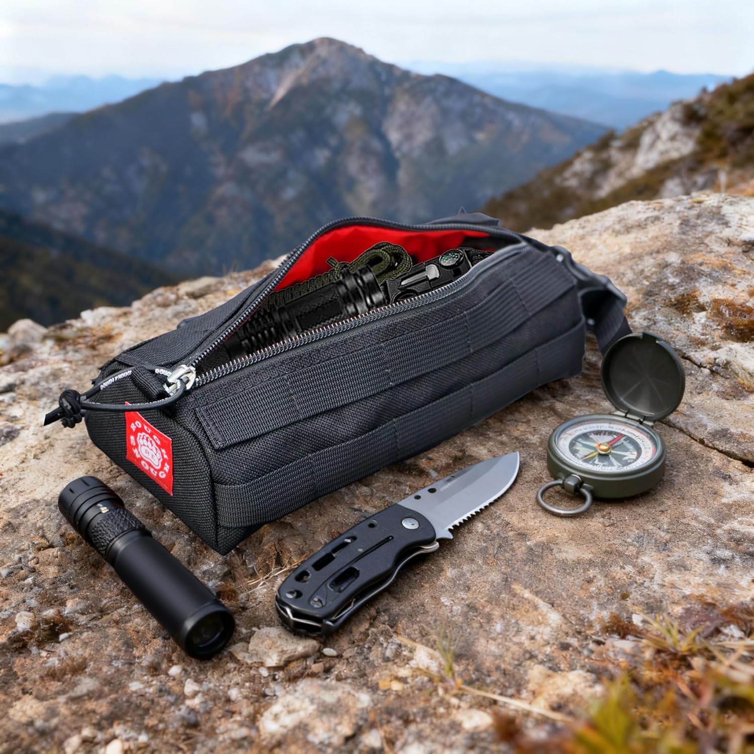Rough Enough Small Tactical Bag, Molle Case Pouch for Boys Adults Outdoor Adventures Hiking, Quick Release Handle Black, Small Pencil Case