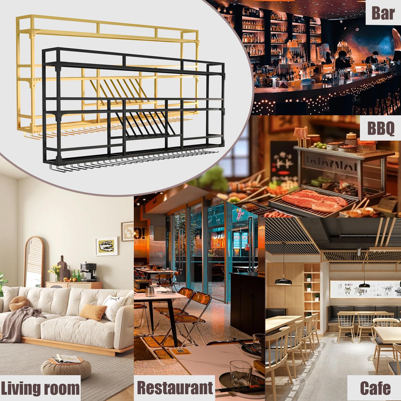 39.3in Wall Mounted Wine Rack with LED Lights, 3-Tier Heavy Duty Metal Wine Bottle Display Shelf w/Hanging Rack, Wall-Mounted Wine Storage Organizer for Home/Bar/Cafe (B-BLACK, 39.3 * 10 * 35.5IN)