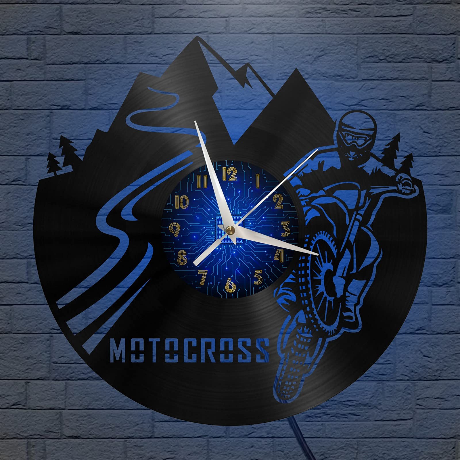 VCS Motocross Motor sports theme Vinyl Record vintage Wall Clock for Kitchen(B,with LED)