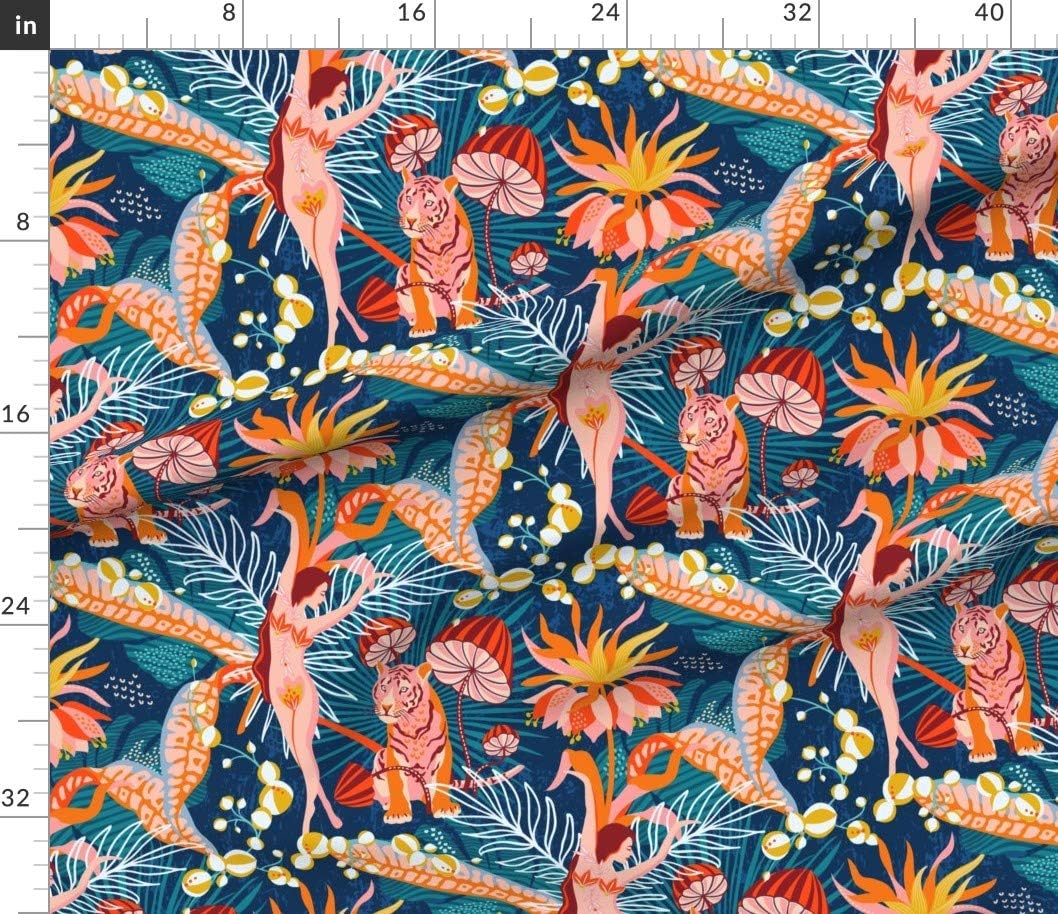 Spoonflower Fabric - Maximalist Tropical Surrealism Jungle Flowers Woman Dancer Coral Tiger Printed on Cotton Poplin Fabric by The Yard - Sewing Shirting Quilting Dresses Apparel Crafts