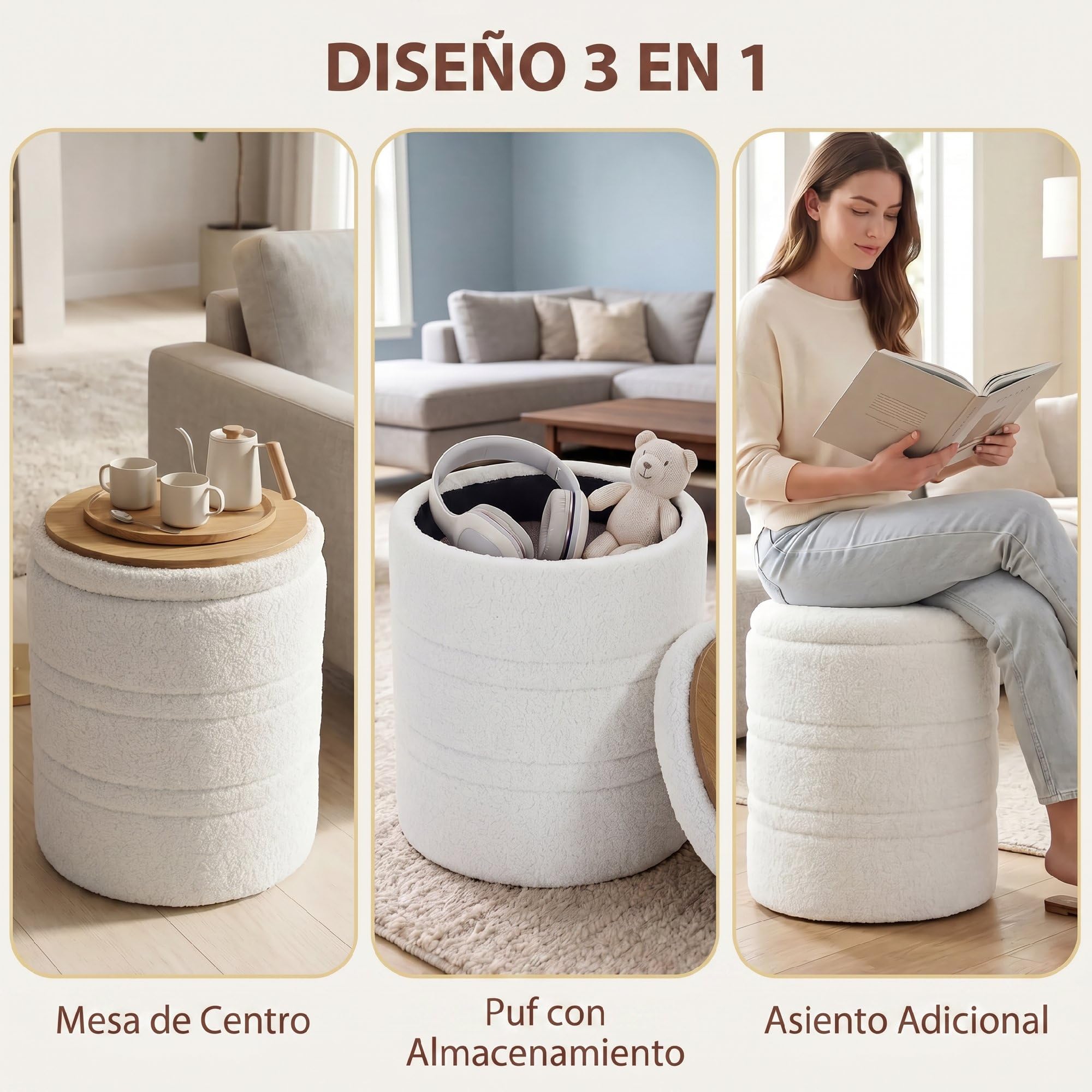 HOMCOM Puff Almacenaje Banco Almacenaje 33 L Redondo Ø36,5x46,5 cm Blanco | Baúl de Almacenamiento con Tapa, Tapizado en Borreguito, Carga 120 kg, Taburete para Salón, Dormitorio o Recibidor