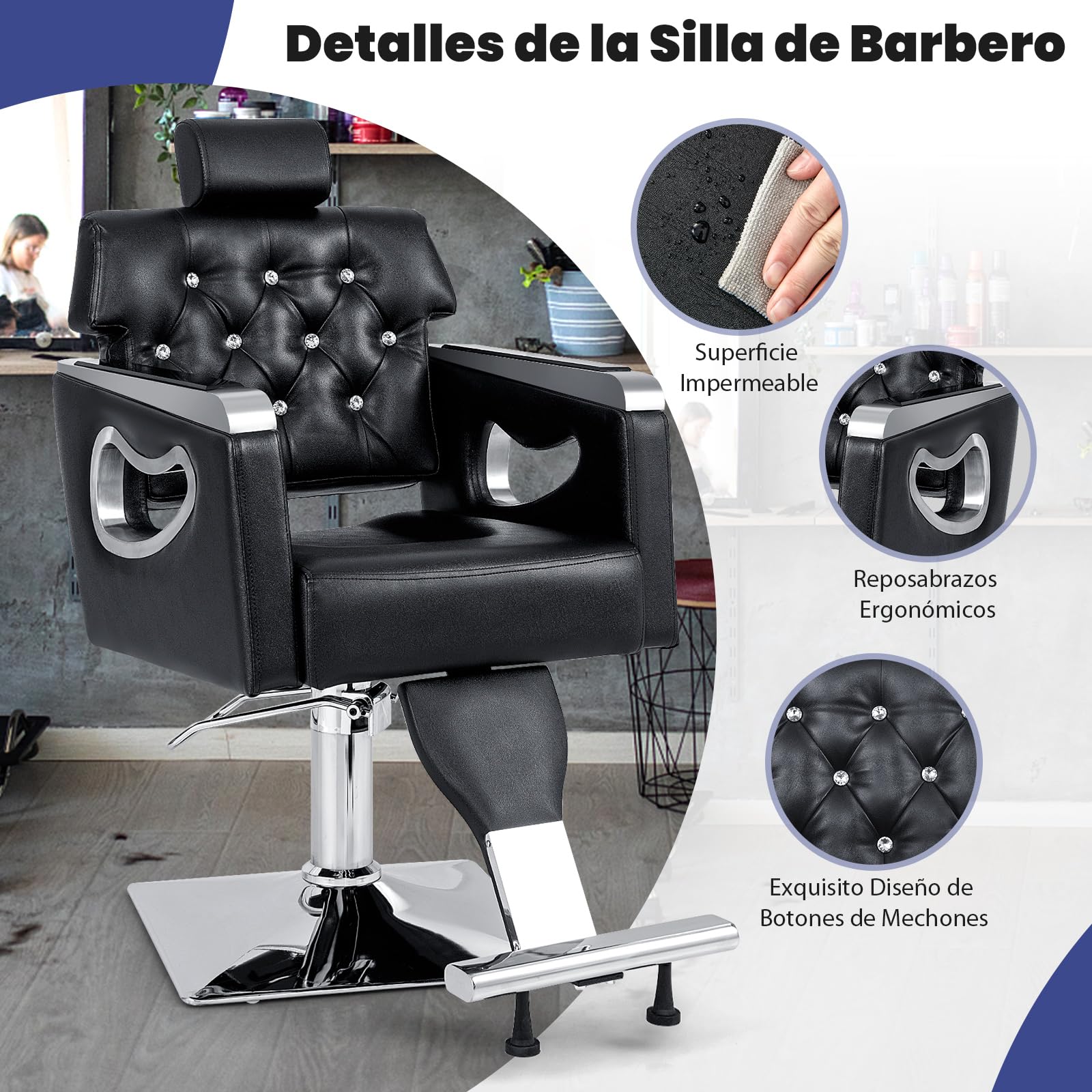 RELAX4LIFE Silla Peluquería Giratoria 360° con Respaldo Inclinable y Reposacabezas Ajustable en 6 Niveles, Sillón Barbero Hidráulico para Salón de SPA y Belleza, Barbería, Carga 150 kg