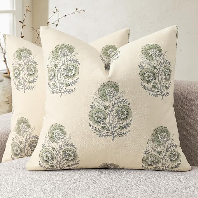 YCOLL Vintage Floral Print Pillow Covers 22x22 Set of 2 Patterned Accent Decorative Cushion Covers Modern Farmhouse Throw Pillow Covers for Sofa Couch Chair Bed Living Room Home Decor, Sage Green