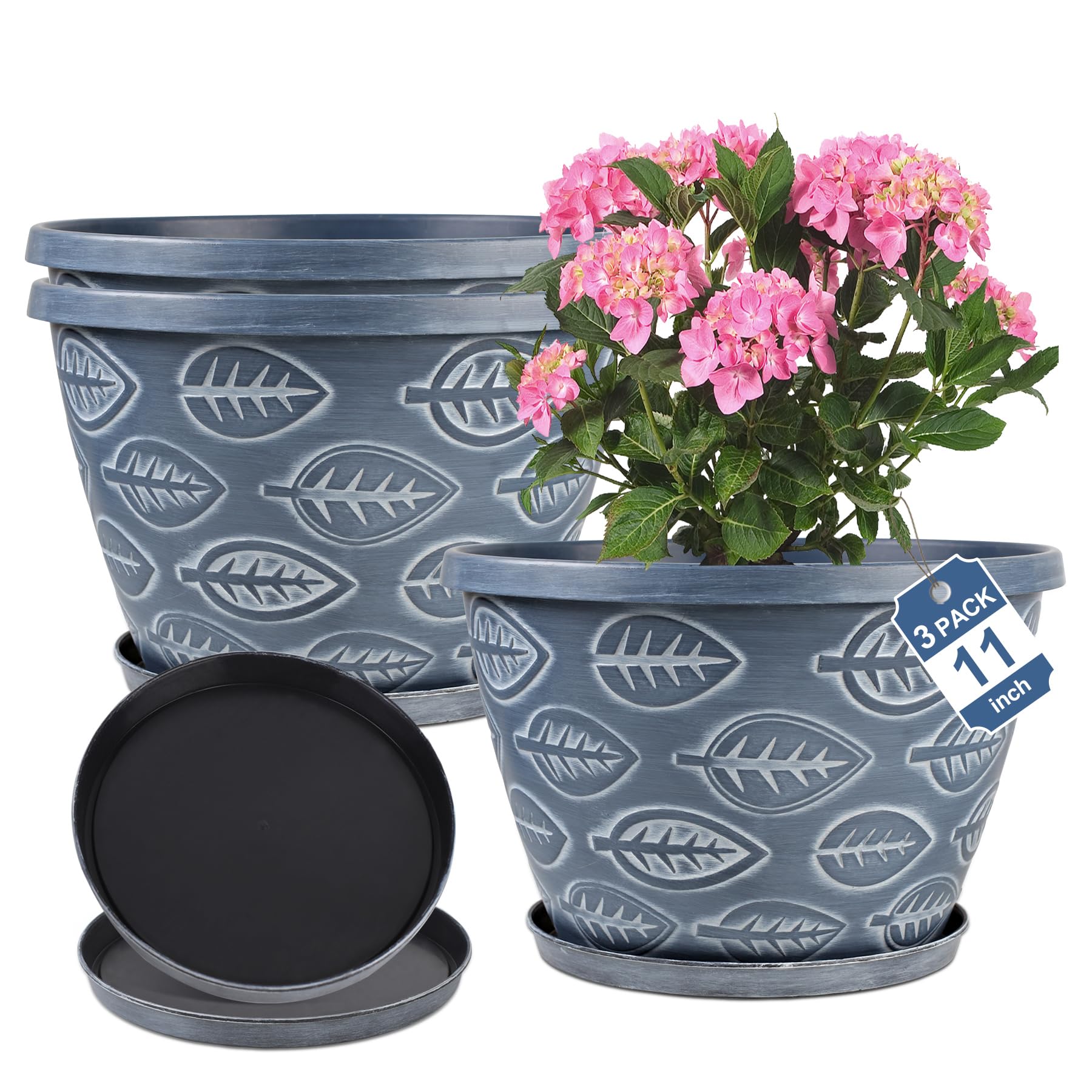 Nooulap Outdoor Flower Pots for Plants Set of 3 Pack 11 Inch Planter Pot, Large Plastic Plant Pots Indoor Plants with Drainage Holes & Trays, Modern