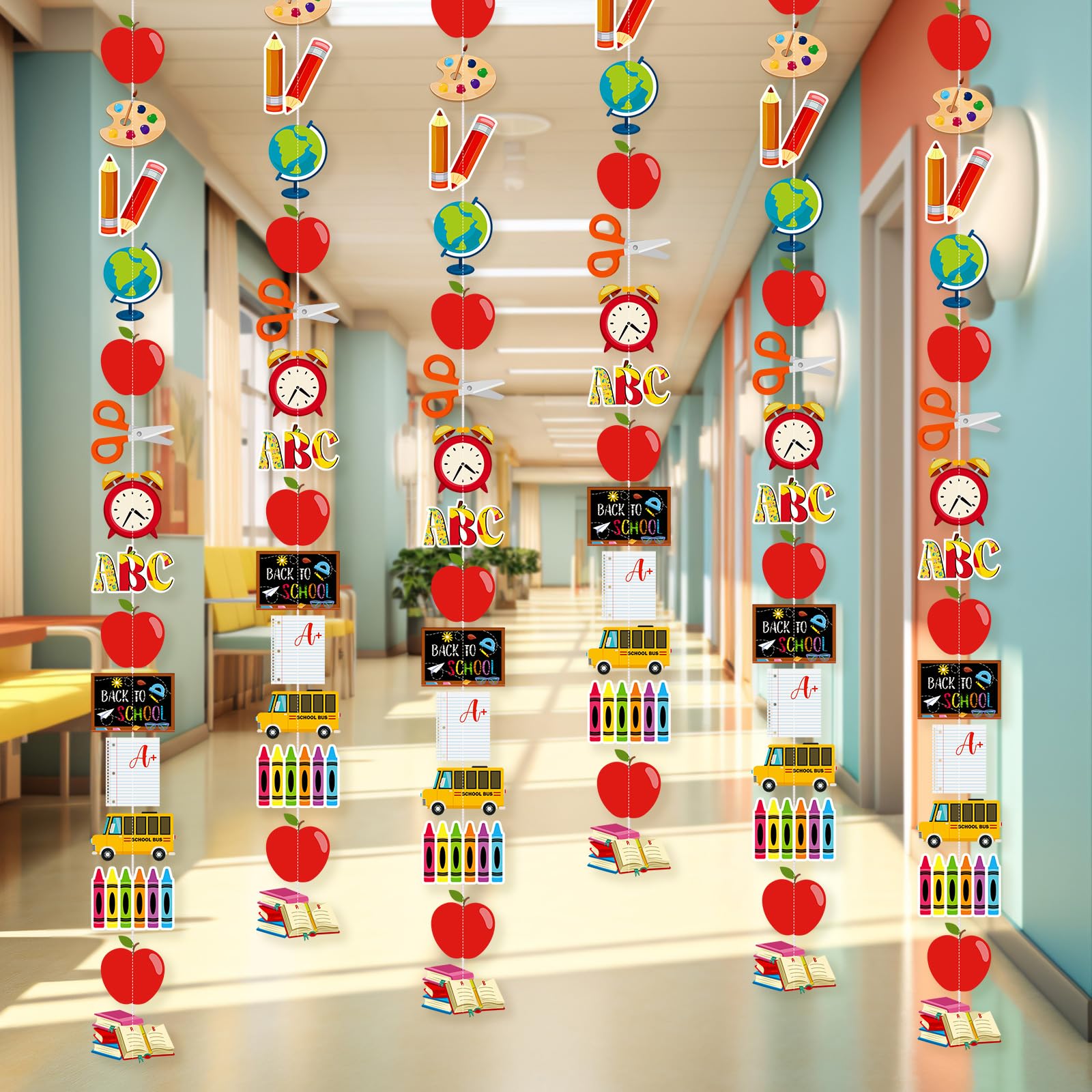 Kolldenn 6 Pcs Back to School Party Decorations - 6.56 Ft Welcome Back Apple Pencil School Bus Garland Banners for First Day of School - Hanging Decor for Classroom, Office, Yard