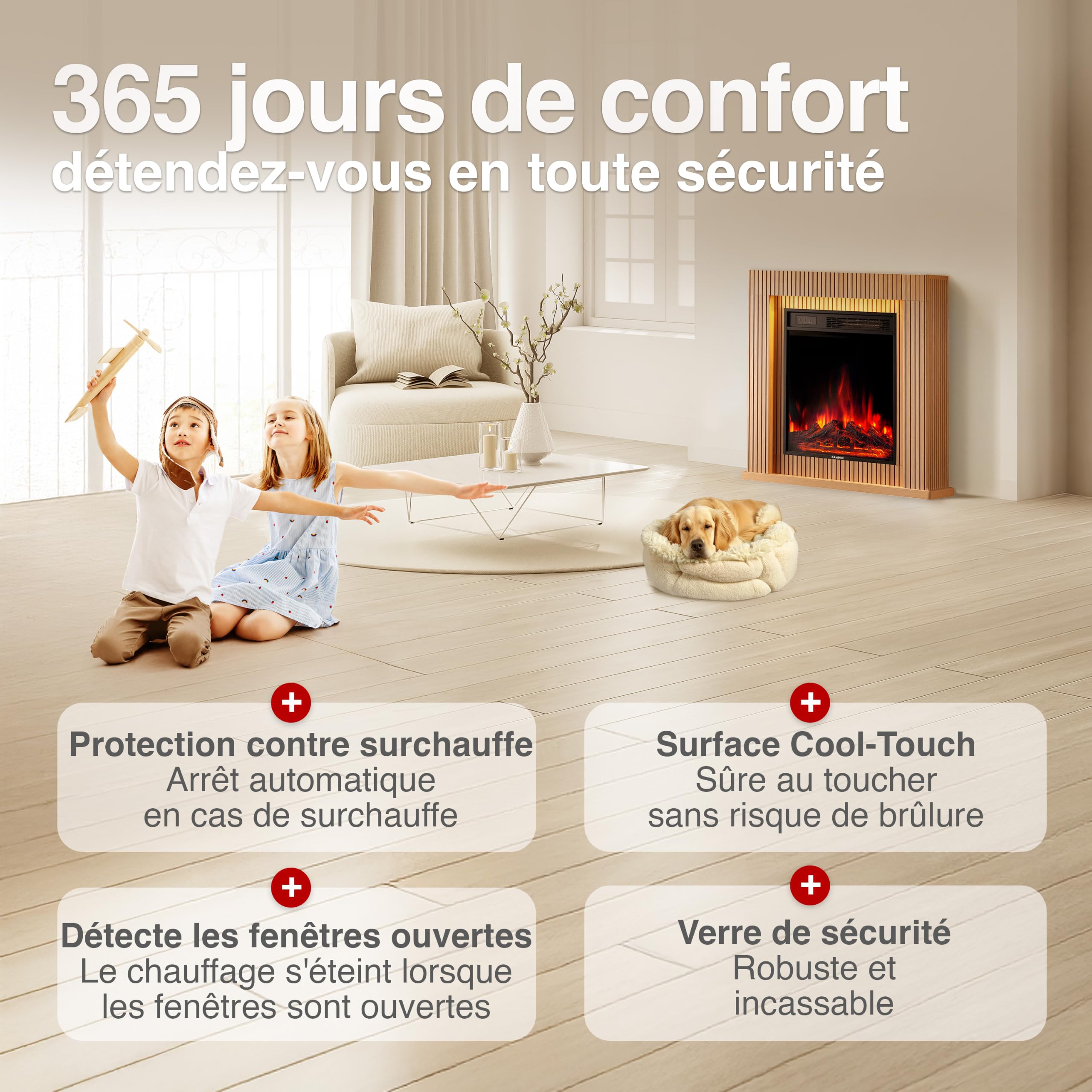 KAMINIO Cheminée électrique Matti - Cheminée sur Pied avec Chauffage, Effet de Flamme 3D, lumière d'ambiance LED, télécommande - 32 Pouces (Panneau)