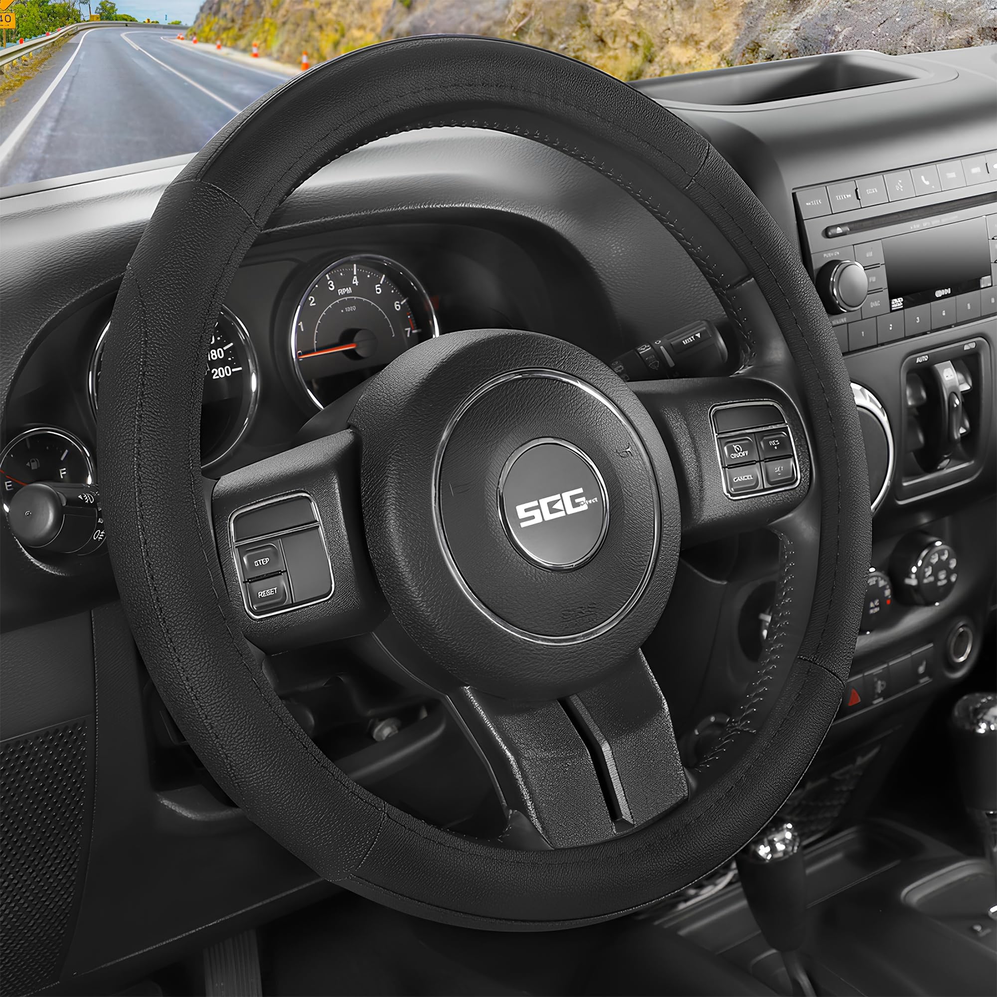 SEG Direct Car Steering Wheel Cover for F-150 Tundra Range Rover 15.5-16 inch, Black Microfiber Leather