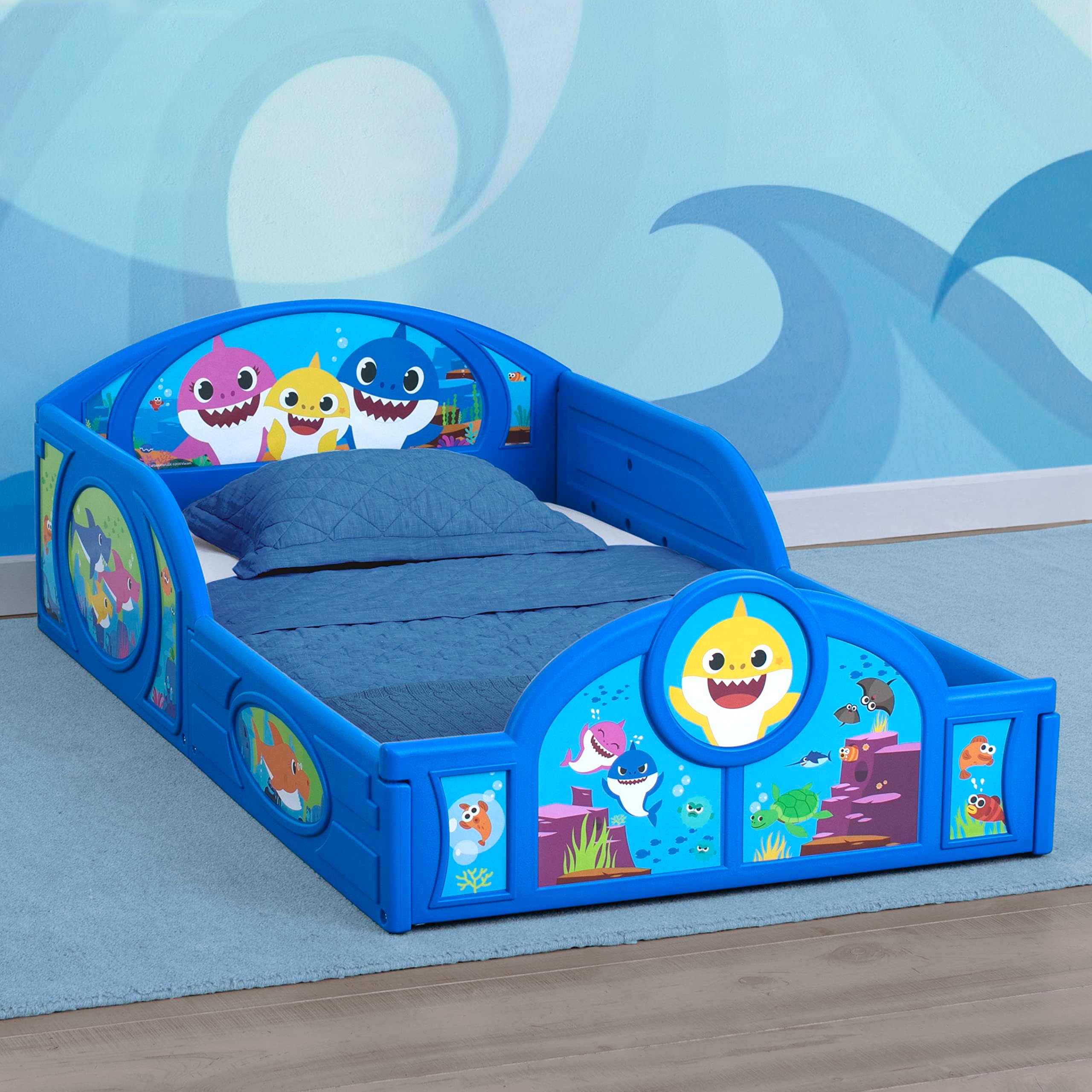 Delta Children Baby Shark Plastic Sleep and Play Plastic Toddler Bed with Attached Guardrails, Blue