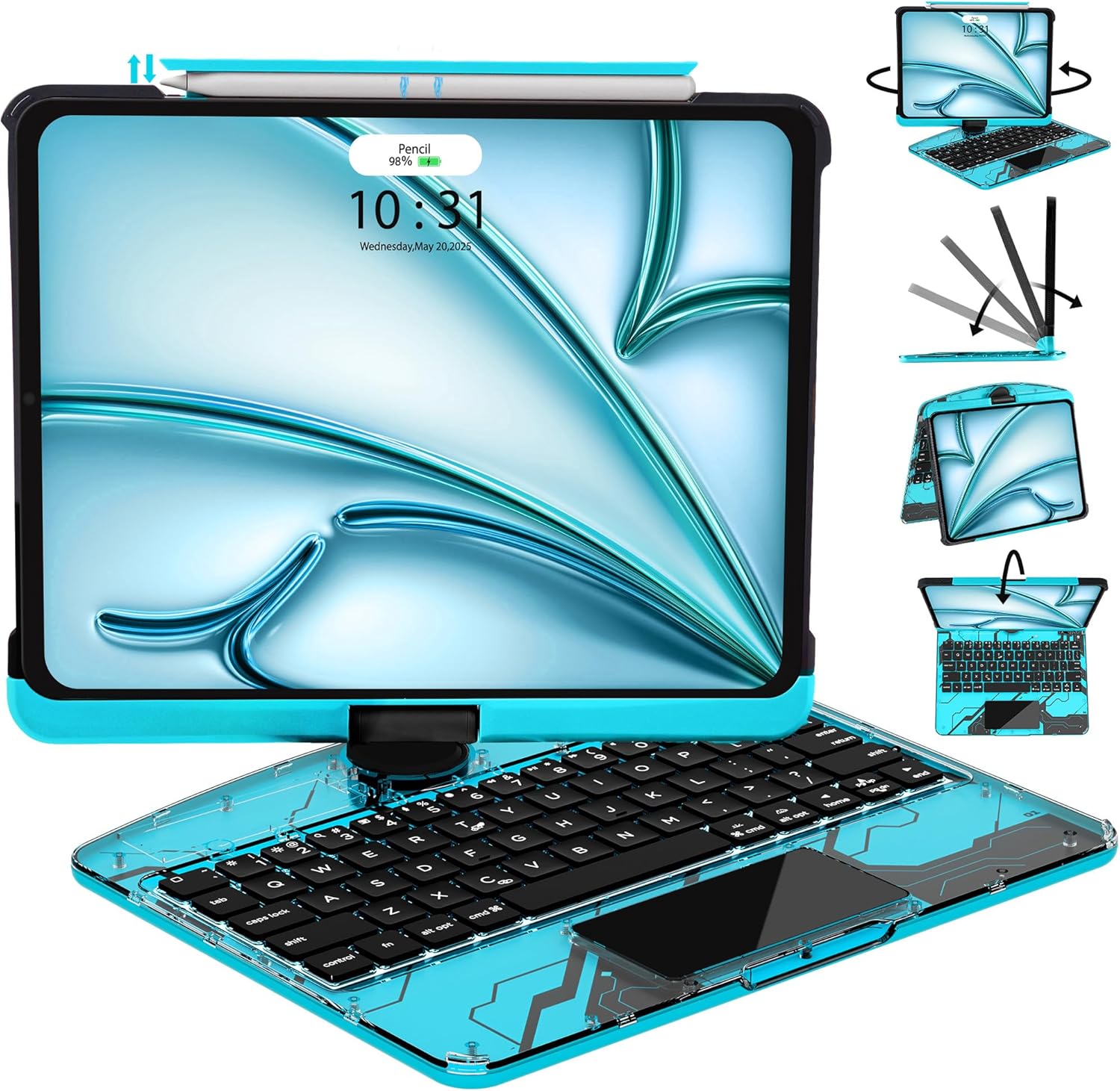 JJM 360° Rotating Multi-Touch Trackpad, Transparent Case with Wireless Keyboard, Magnetic Pencil Holder (Y2K Transparent Blue, iPad Air 13-in/iPad Pro 12.9-in)